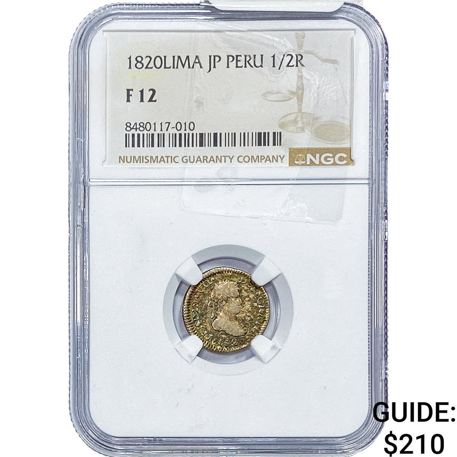 1820-Lima Colonial Spain Silver 1/2 Real Toned! NGC F12 (1 of 2)