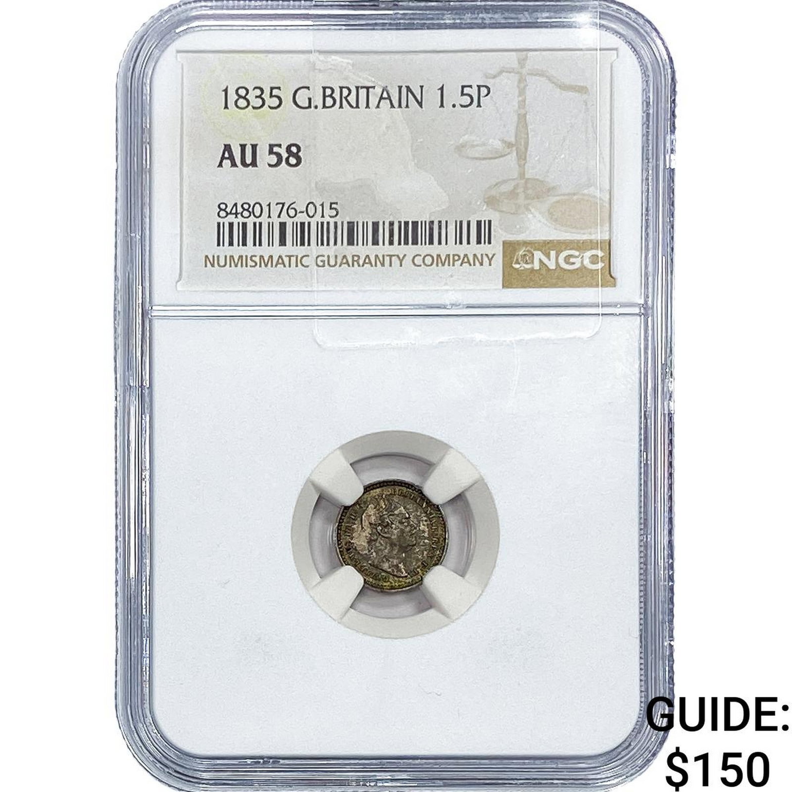 1835 Great Britain Silver 1.5 Pence NGC AU58: 1835 Great Britain Silver 1.5 Pence NGC AU58