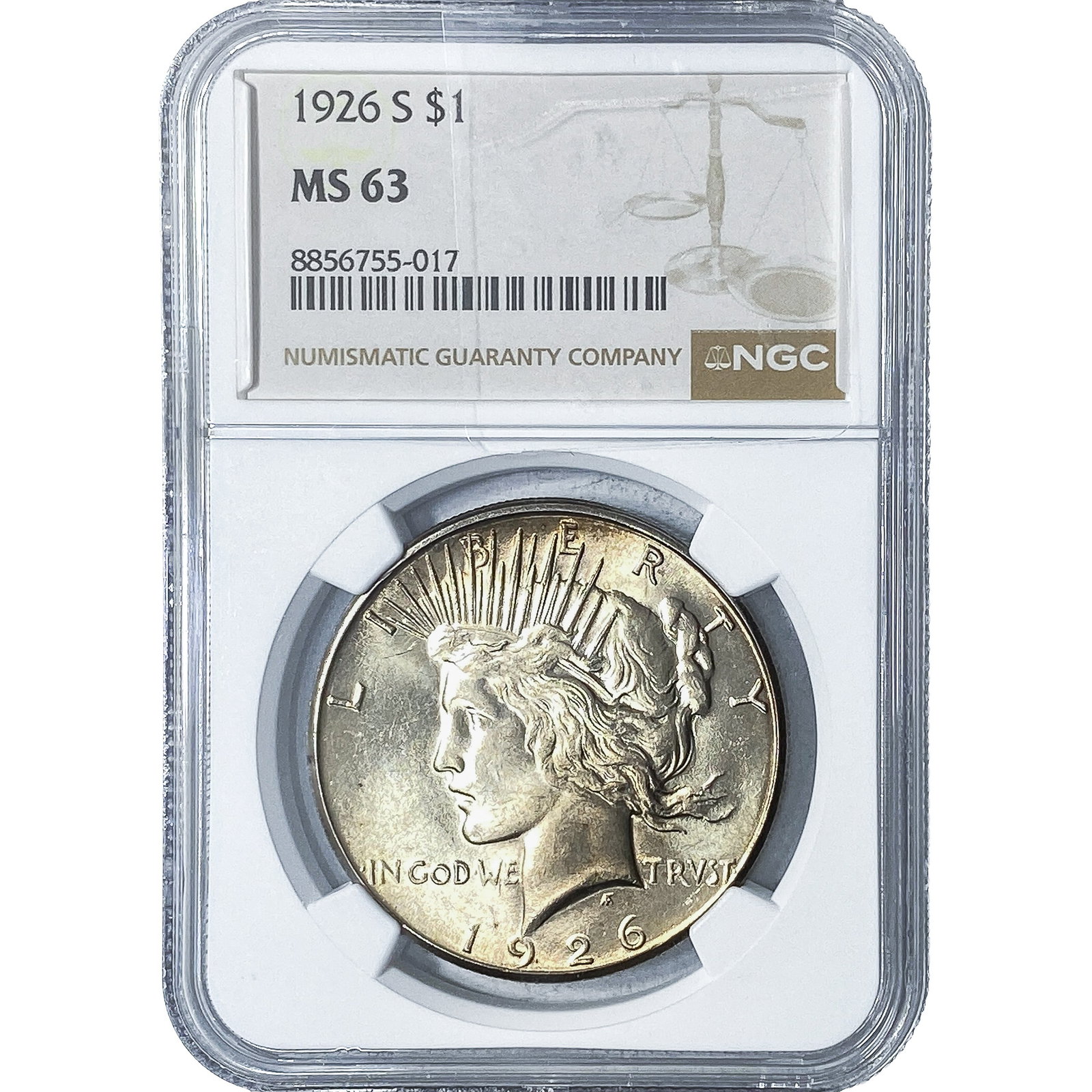 1926-S Silver Peace Dollar NGC MS63: 1926-S Silver Peace Dollar NGC MS63