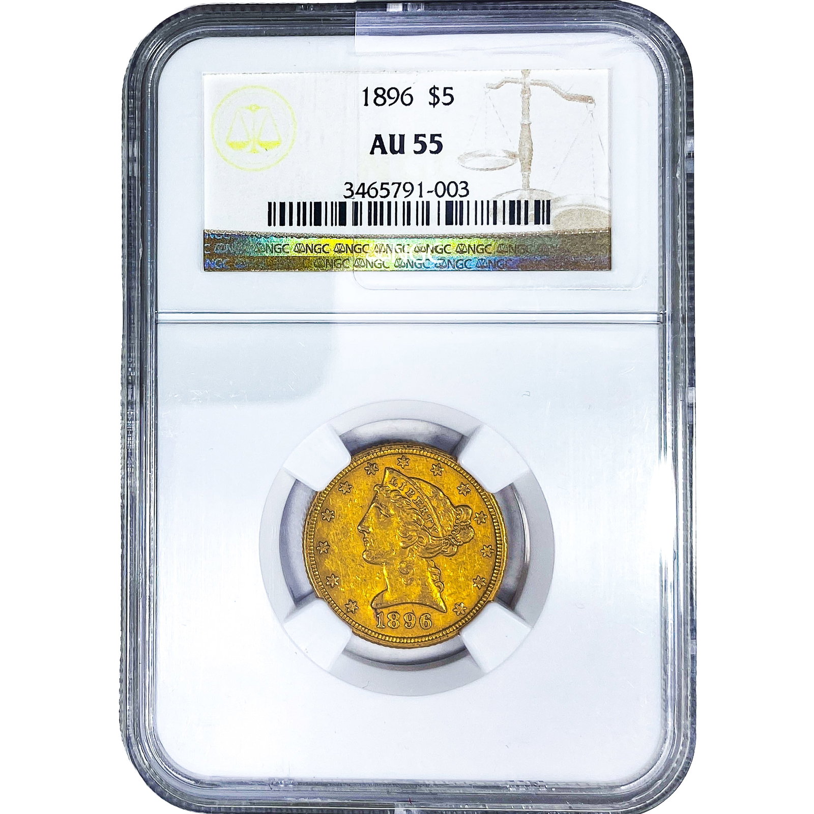 1896 $5 Gold Half Eagle NGC AU55: 1896 $5 Gold Half Eagle NGC AU55
