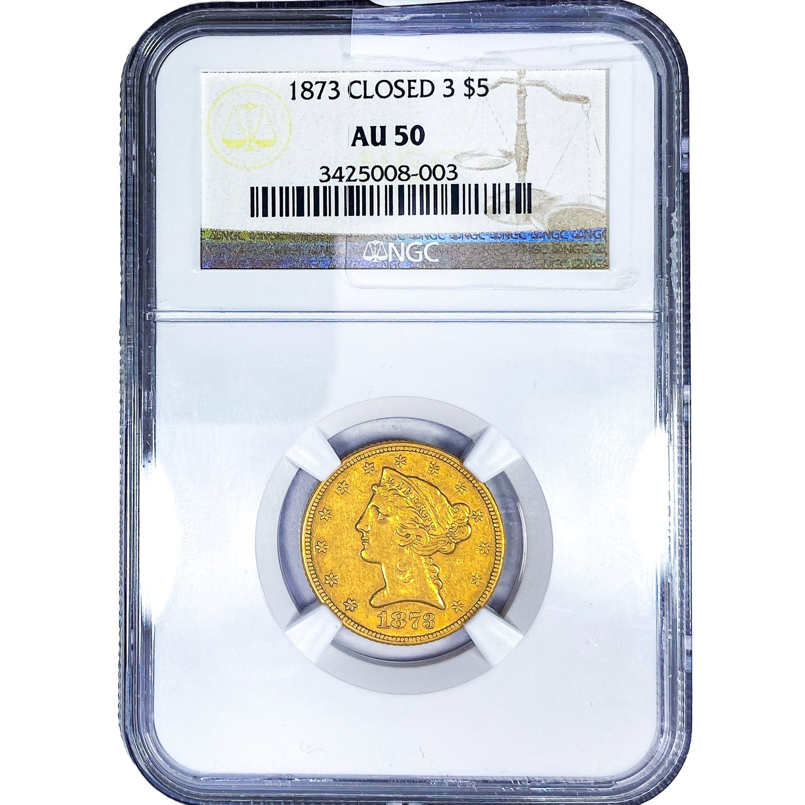 1873 $5 Gold Half Eagle NGC AU50 Closed 3: 1873 $5 Gold Half Eagle NGC AU50 Closed 3