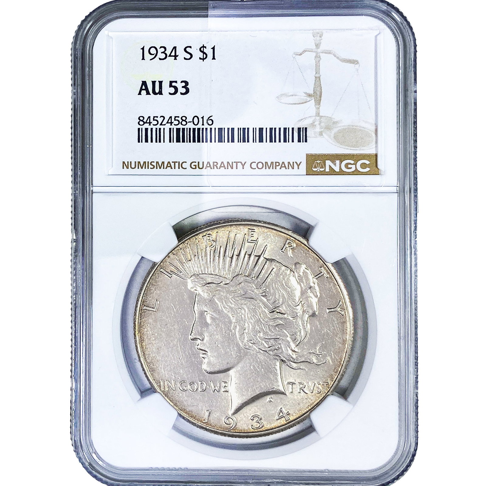 1934-S Silver Peace Dollar NGC AU53: 1934-S Silver Peace Dollar NGC AU53