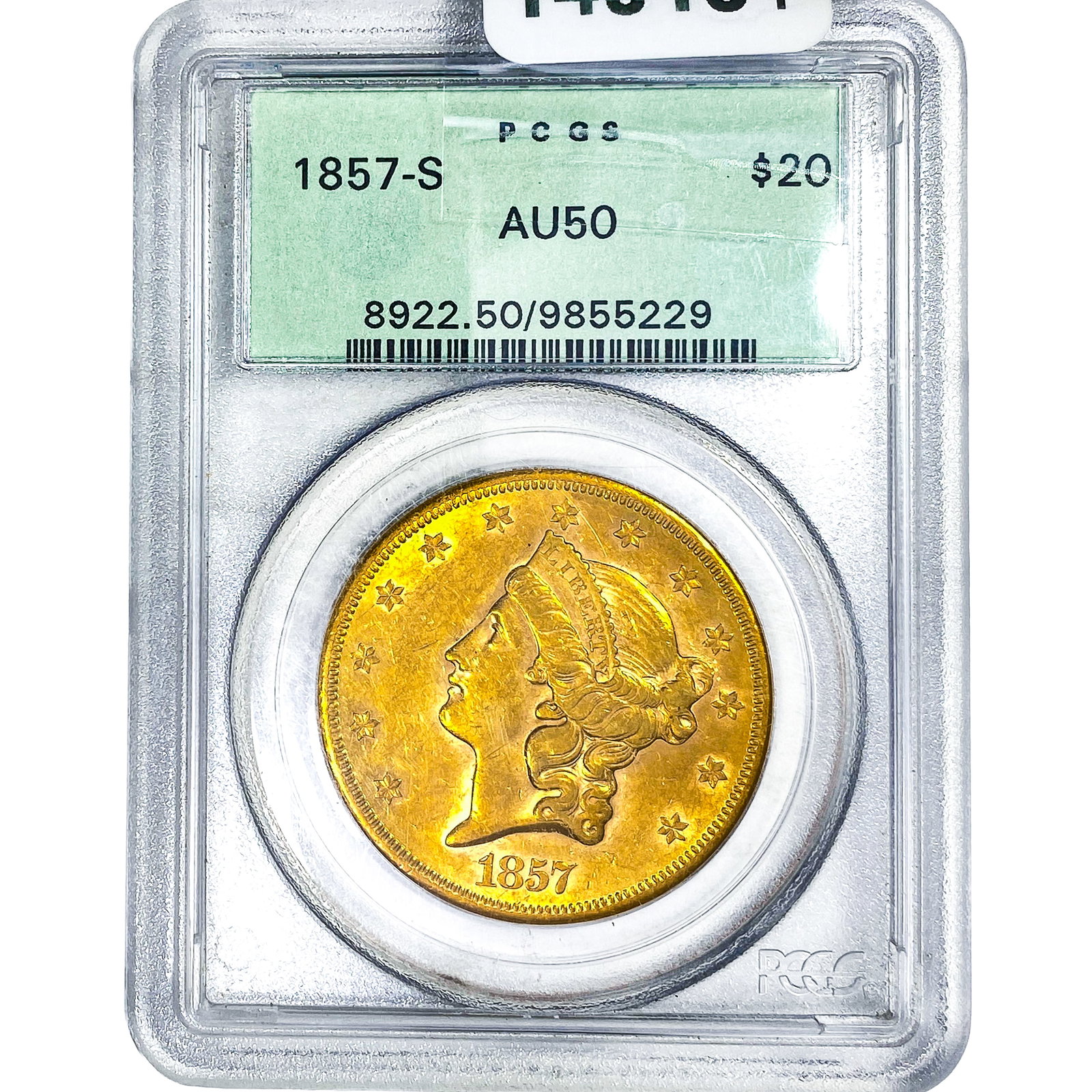 1857-S $20 Gold Double Eagle PCGS AU50: 1857-S $20 Gold Double Eagle PCGS AU50