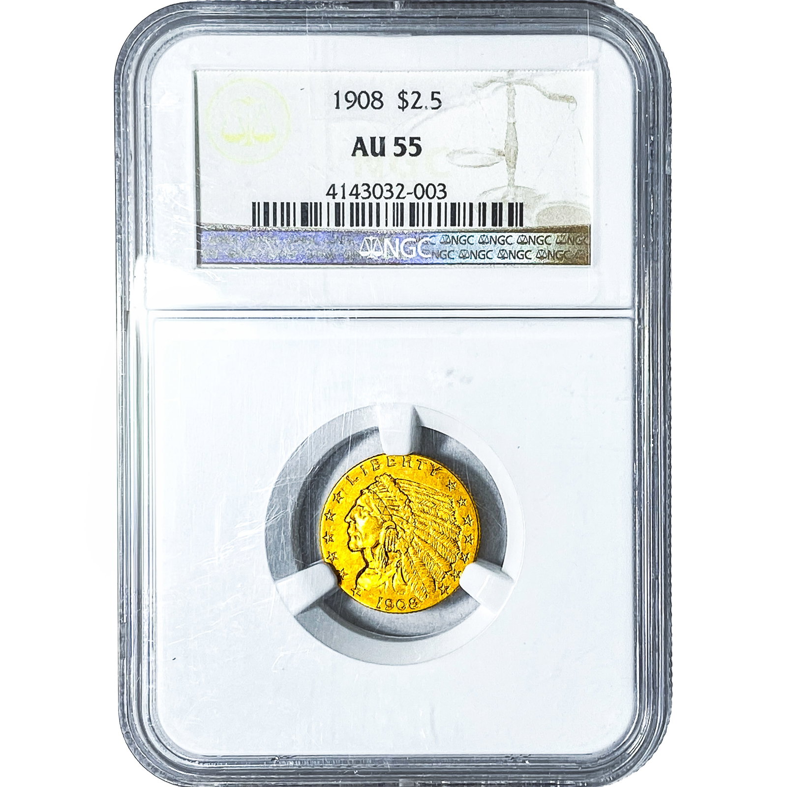 1908 $2.50 Gold Quarter Eagle NGC AU55: 1908 $2.50 Gold Quarter Eagle NGC AU55