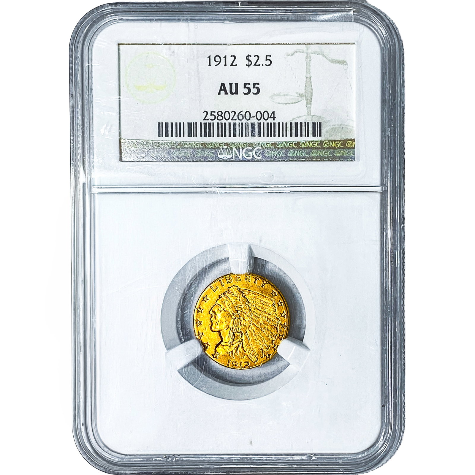 1912 $2.50 Gold Quarter Eagle NGC AU55: 1912 $2.50 Gold Quarter Eagle NGC AU55