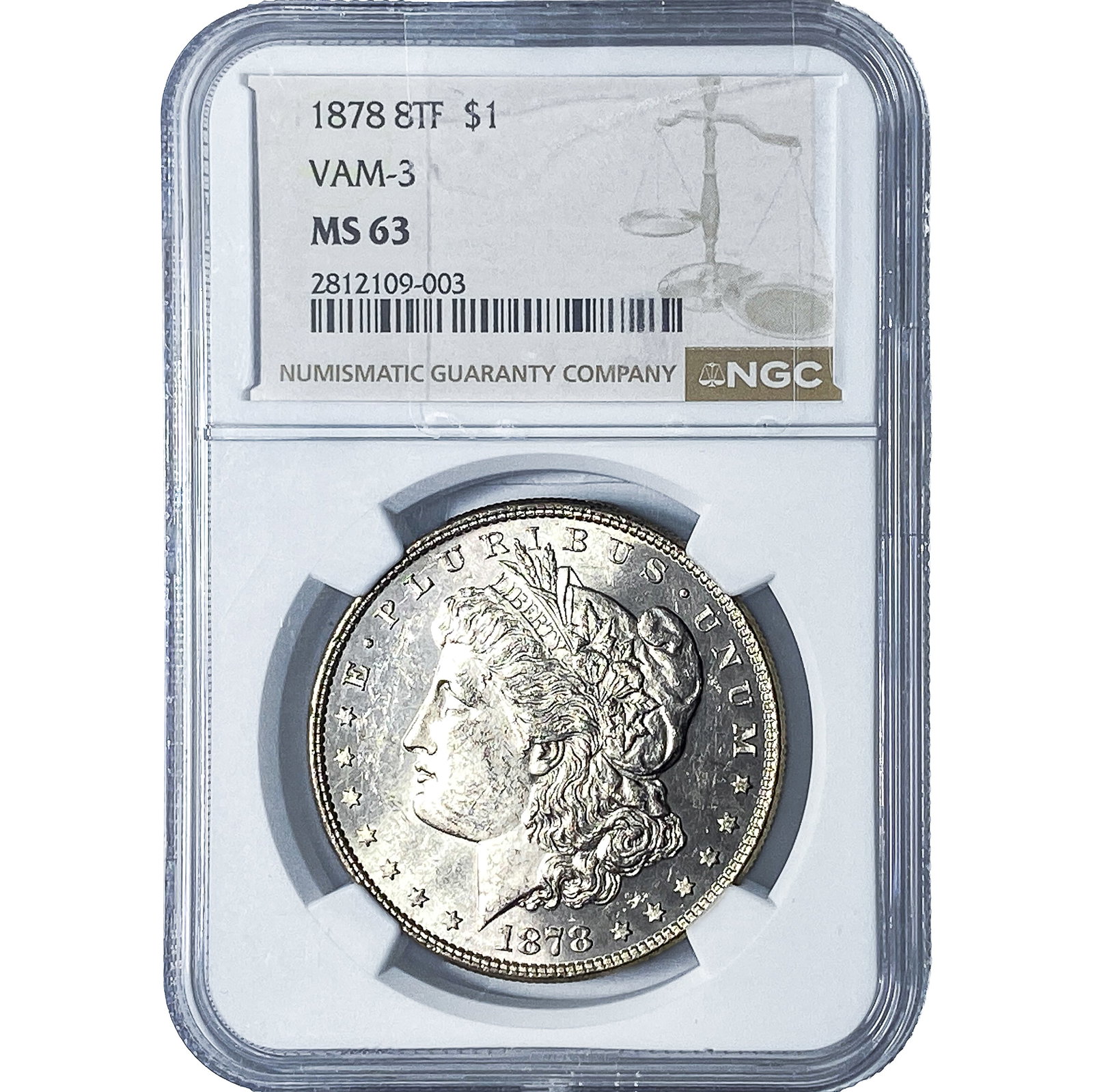 1878 8TF Morgan Silver Dollar NGC MS63 VAM-3: 1878 8TF Morgan Silver Dollar NGC MS63 VAM-3