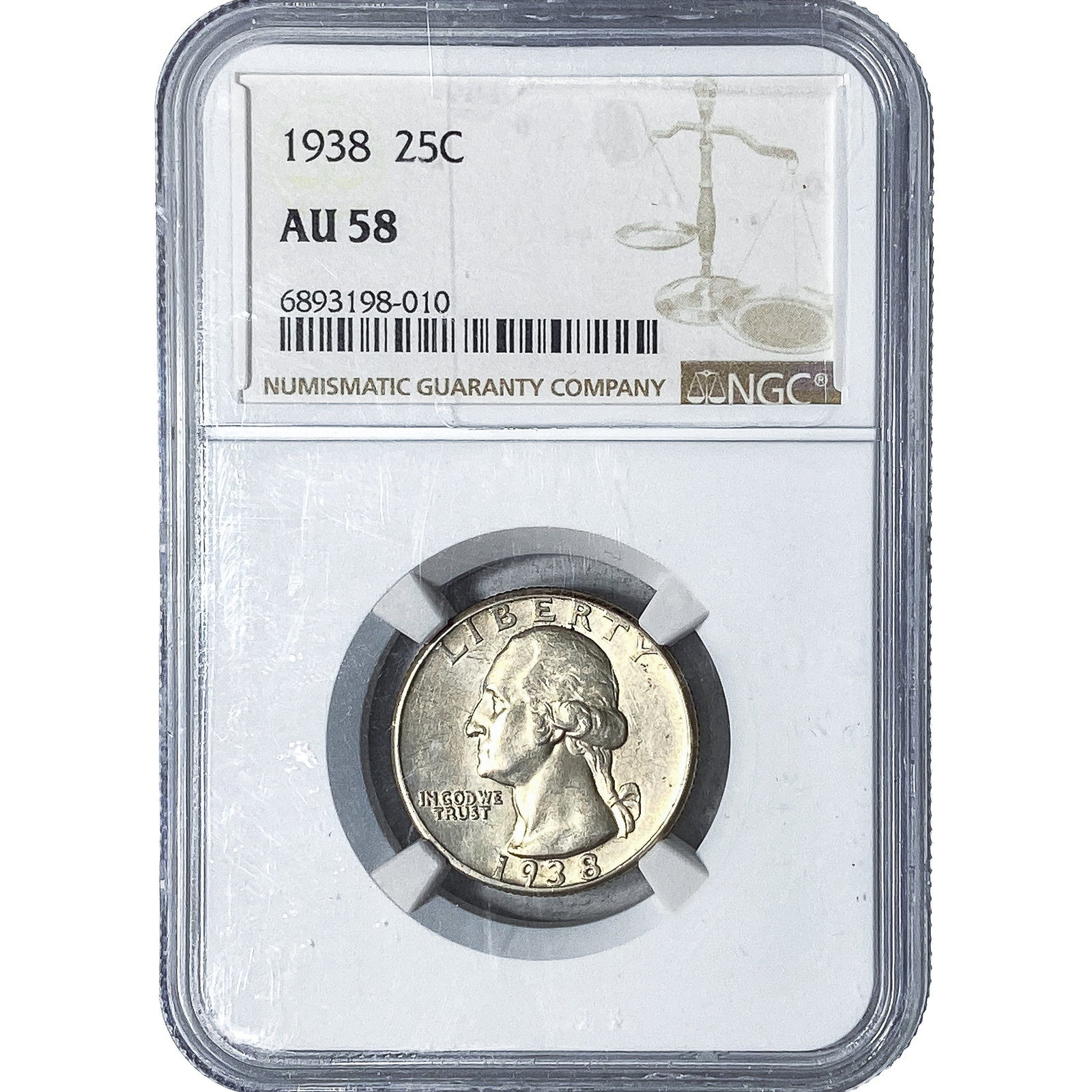 1938 Washington Silver Quarter NGC AU58: 1938 Washington Silver Quarter NGC AU58