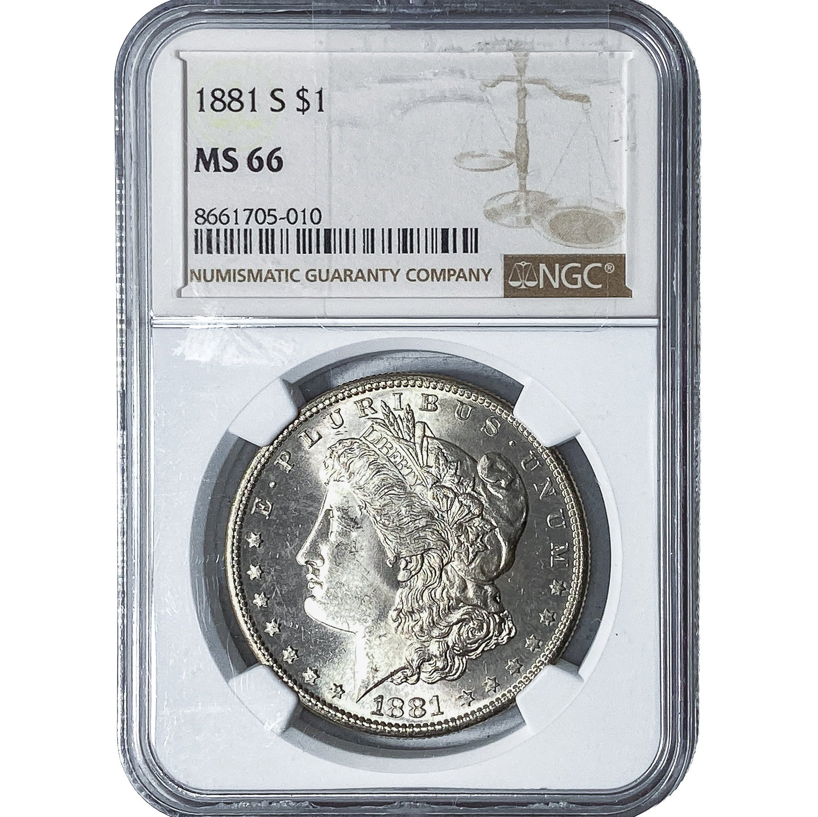 1881-S Morgan Silver Dollar NGC MS66: 1881-S Morgan Silver Dollar NGC MS66
