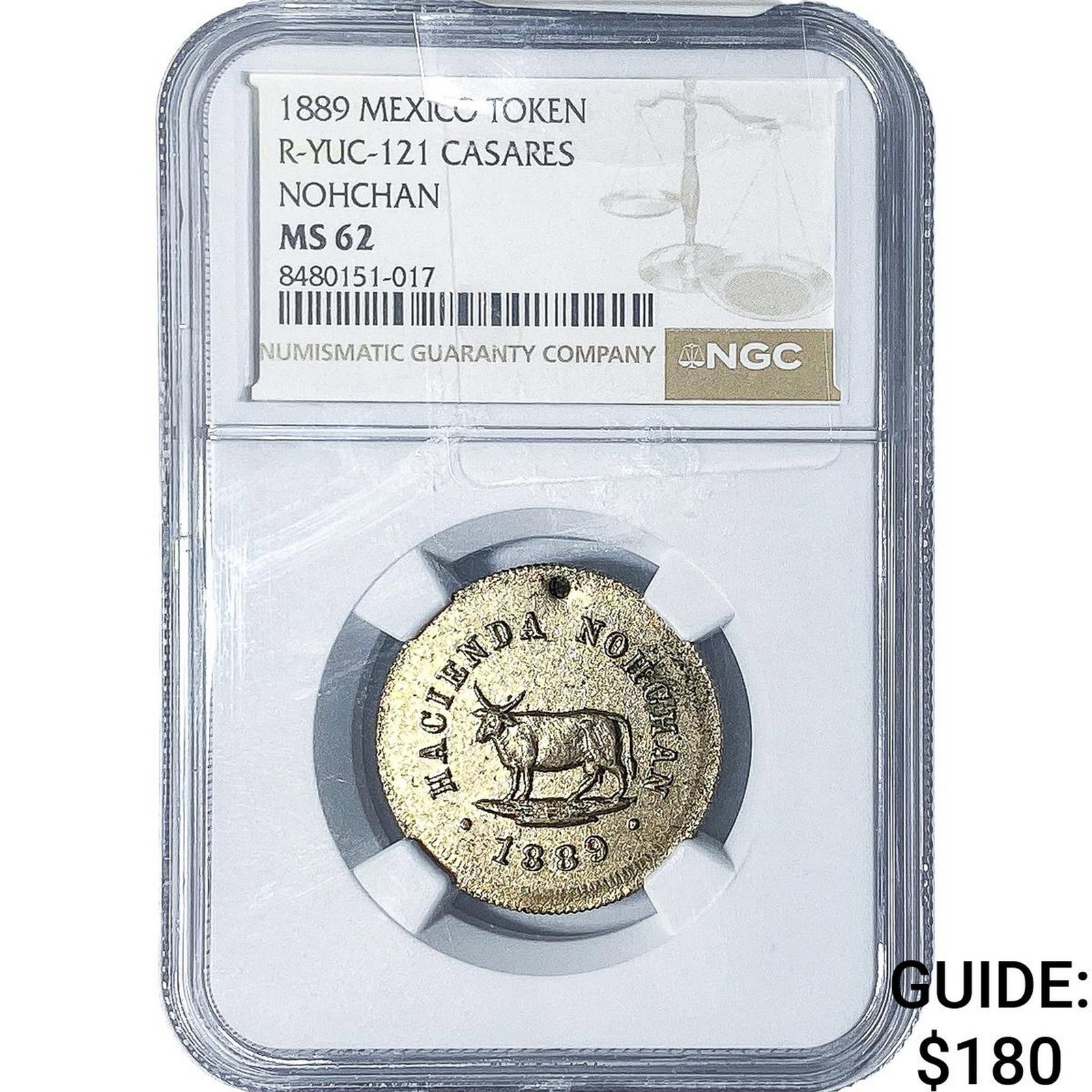 1889 Mexico Silver Casares Token NGC MS62: 1889 Mexico Silver Casares Token NGC MS62