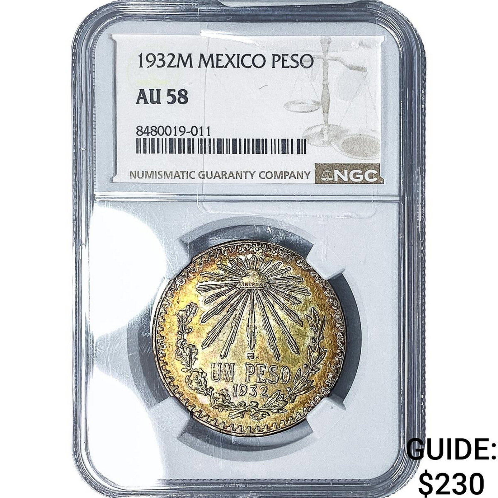 1932-M Mexico Silver Peso Gold Toning! NGC AU58: 1932-M Mexico Silver Peso Gold Toning! NGC AU58
