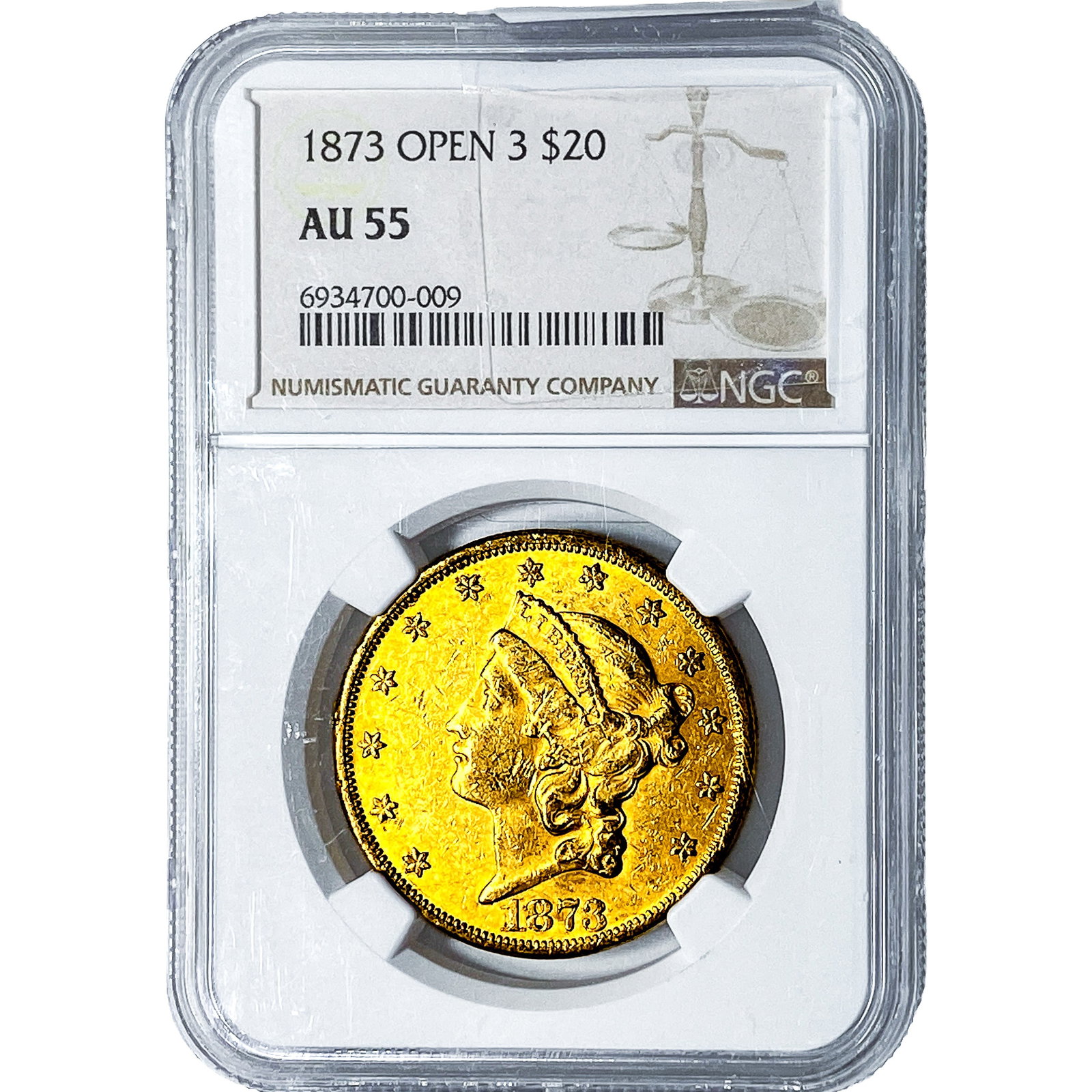 1873 $20 Gold Double Eagle NGC AU55 Open 3: 1873 $20 Gold Double Eagle NGC AU55 Open 3