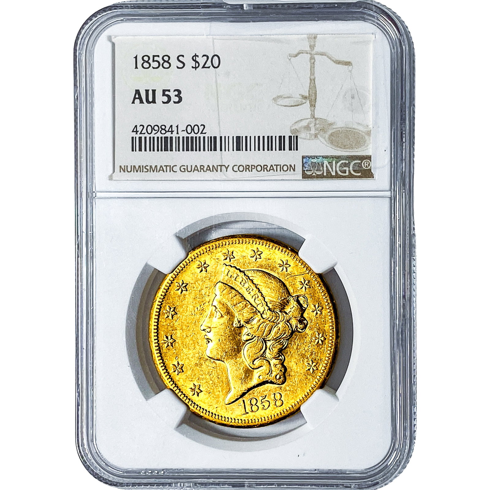1858-S $20 Gold Double Eagle NGC AU53: 1858-S $20 Gold Double Eagle NGC AU53
