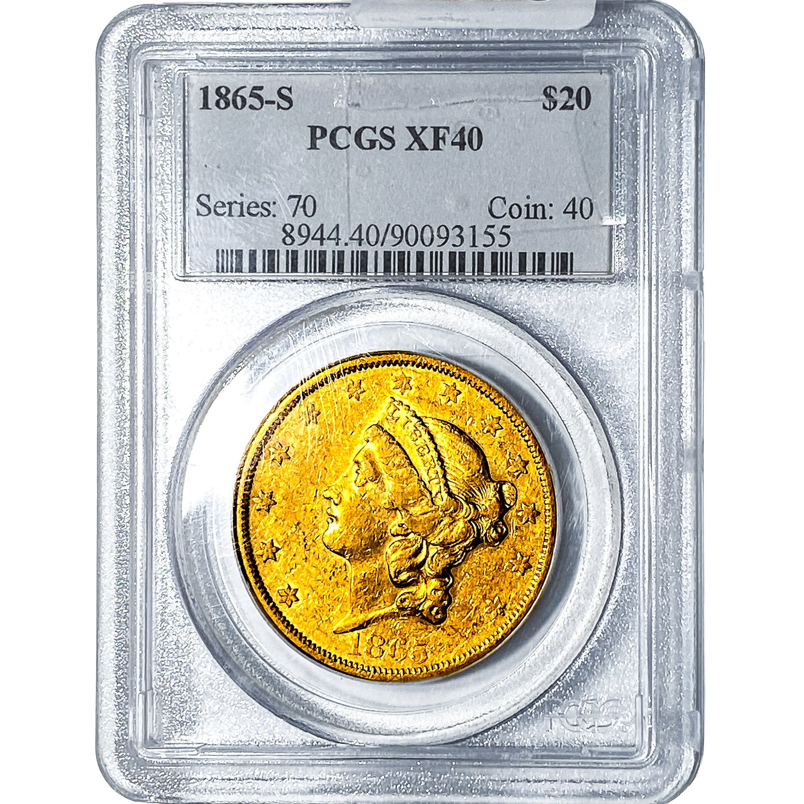 1865-S $20 Gold Double Eagle PCGS XF40: 1865-S $20 Gold Double Eagle PCGS XF40