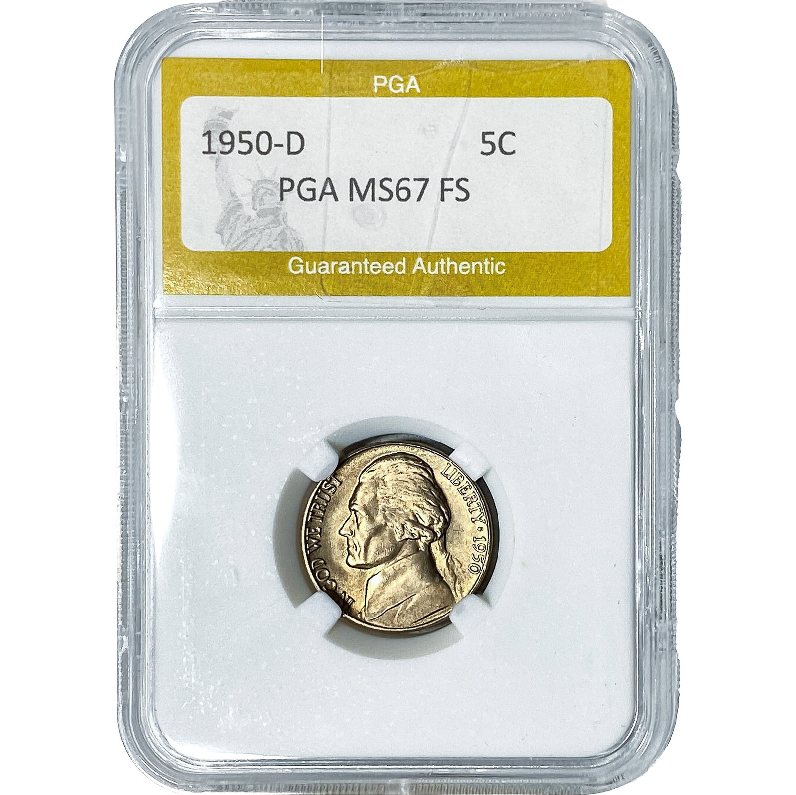 1950-D Jefferson Nickel PGA MS67 FS: 1950-D Jefferson Nickel PGA MS67 FS