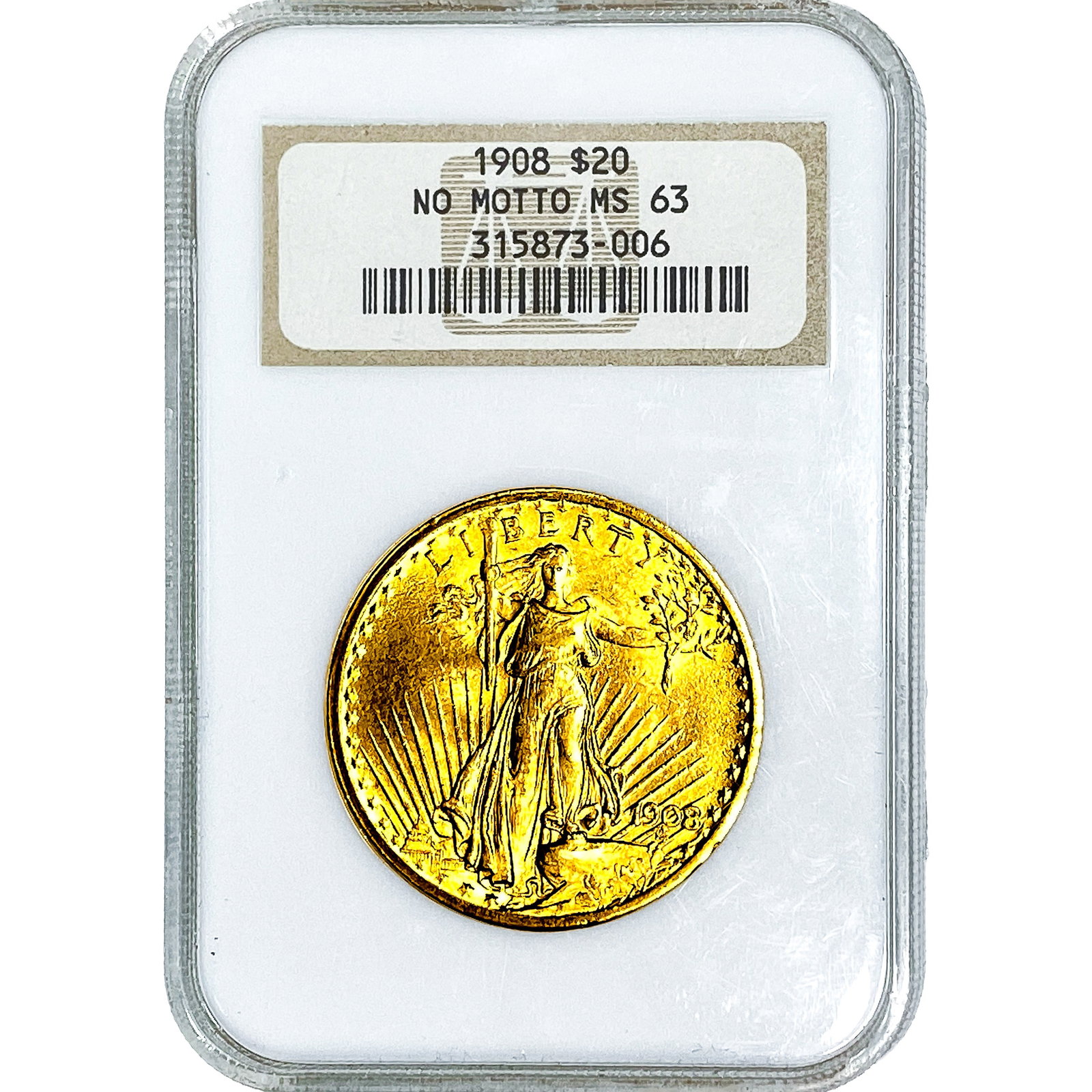 1908 $20 Gold Double Eagle NGC MS63 No Motto: 1908 $20 Gold Double Eagle NGC MS63 No Motto