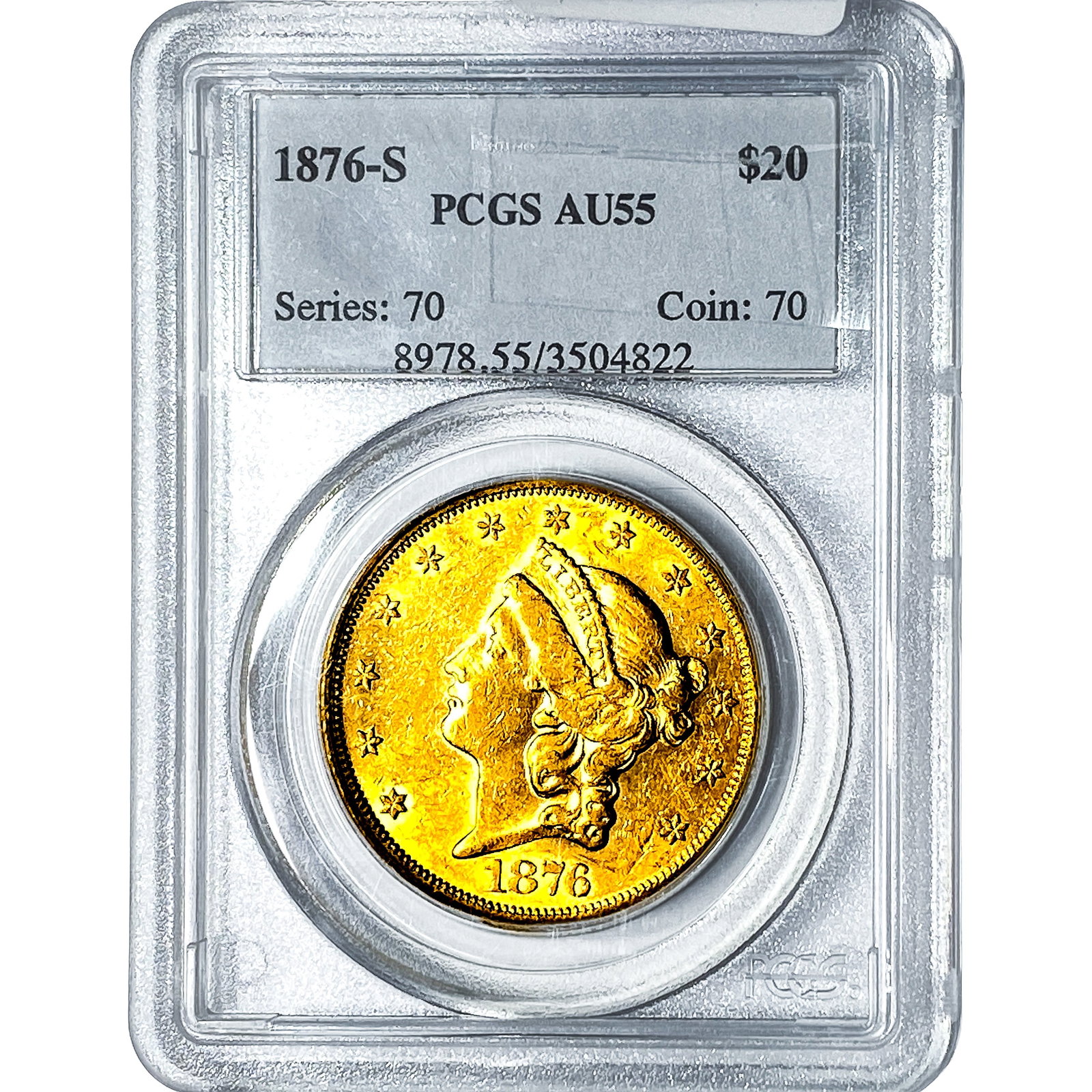 1876-S $20 Gold Double Eagle PCGS AU55: 1876-S $20 Gold Double Eagle PCGS AU55