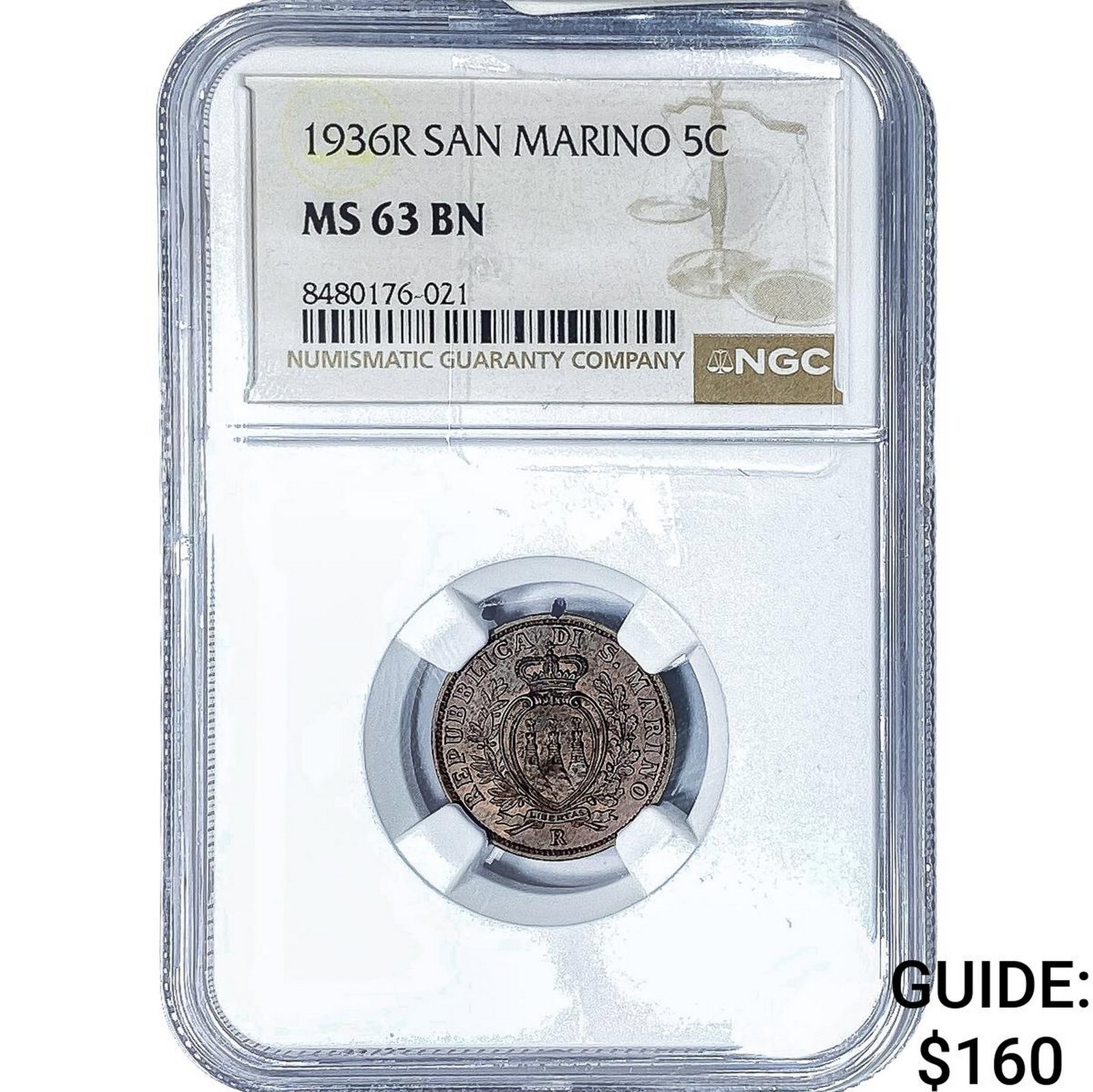 1936-R San Marino Copper 5 Centesimi NGC MS63 BN (1 of 2)