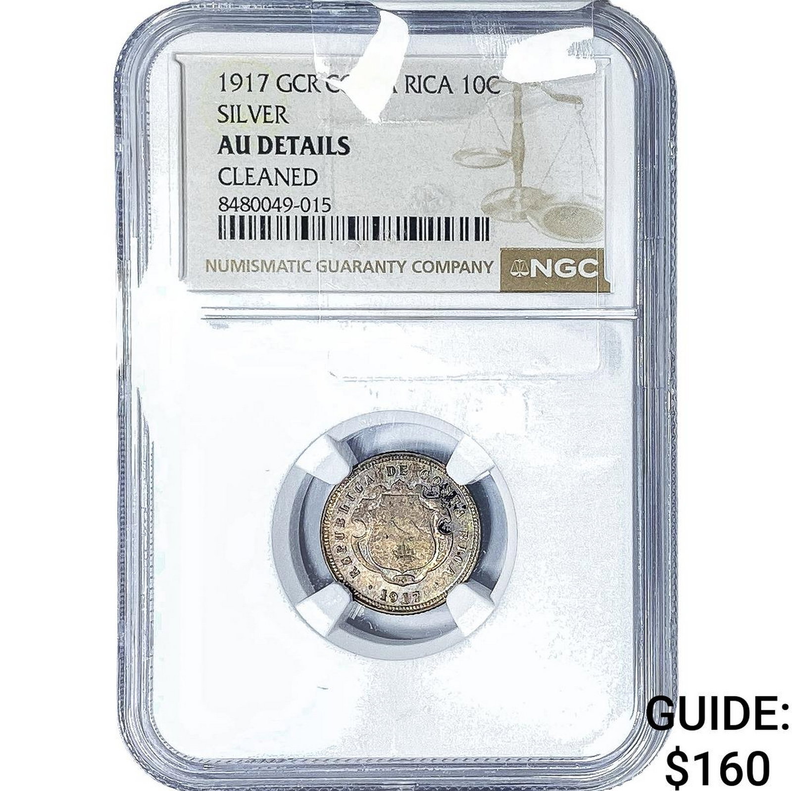 1917 Costa Rica Silver 10 Centavos NGC AU Details: 1917 Costa Rica Silver 10 Centavos NGC AU Details