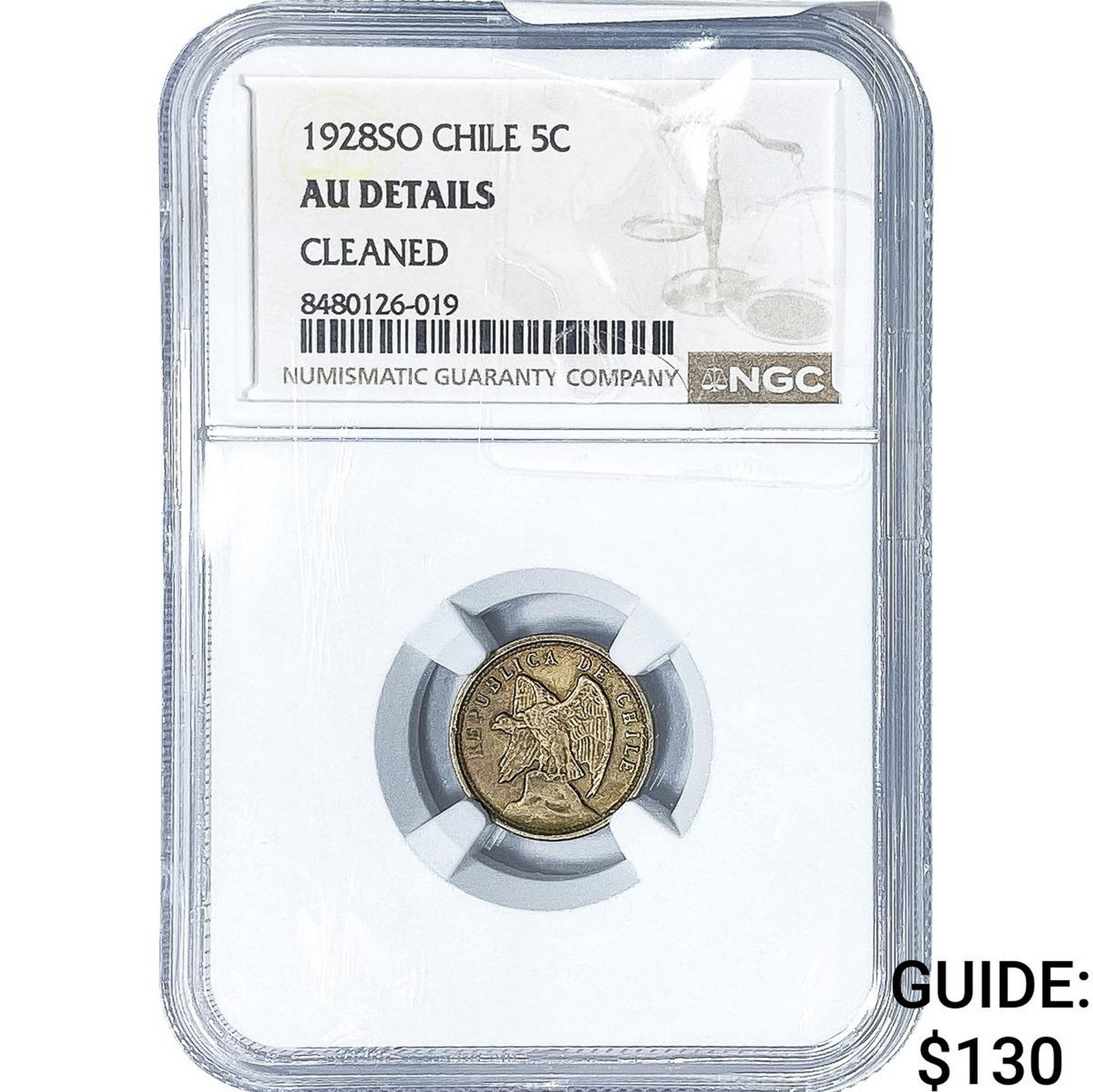 1928-SO Chile Silver 5 Centavos NGC AU Details: 1928-SO Chile Silver 5 Centavos NGC AU Details