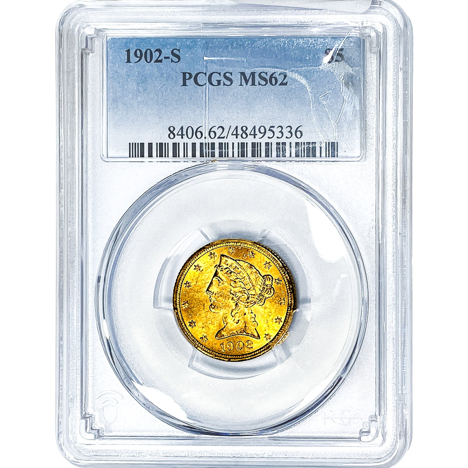 1902-S $5 Gold Half Eagle PCGS MS62: 1902-S $5 Gold Half Eagle PCGS MS62