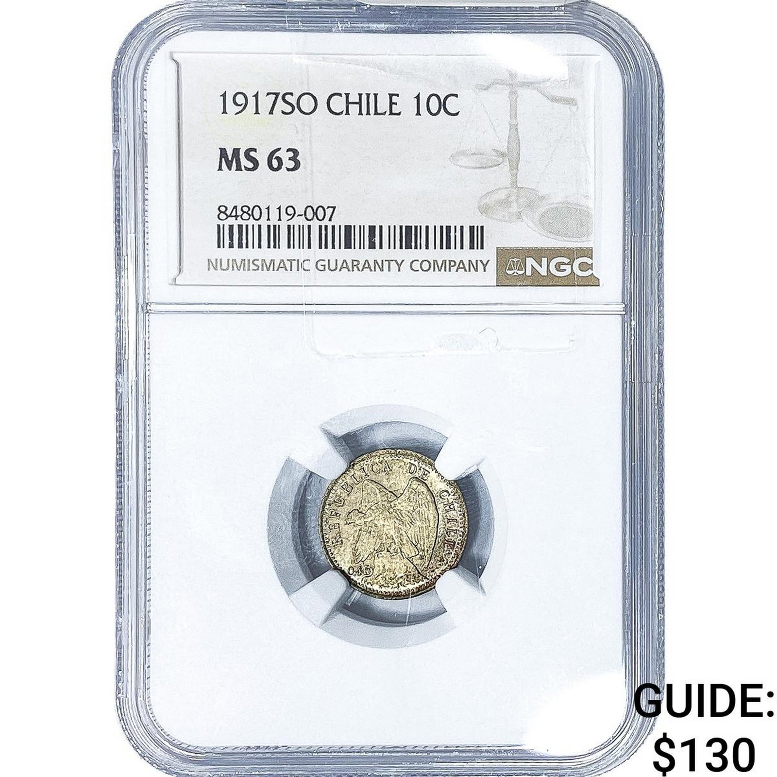 1917-SO Chile Silver 5 Centavos NGC MS63: 1917-SO Chile Silver 5 Centavos NGC MS63