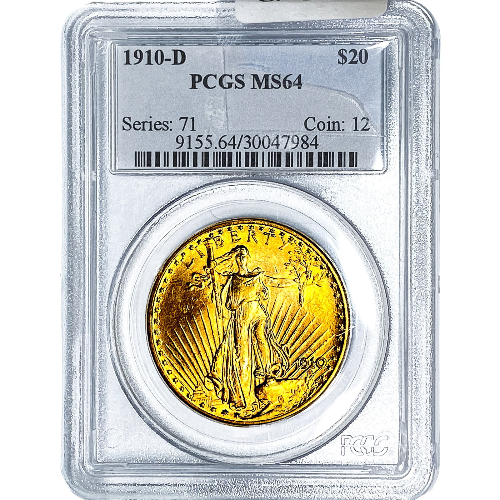 1910-D $20 Gold Double Eagle PCGS MS64: 1910-D $20 Gold Double Eagle PCGS MS64