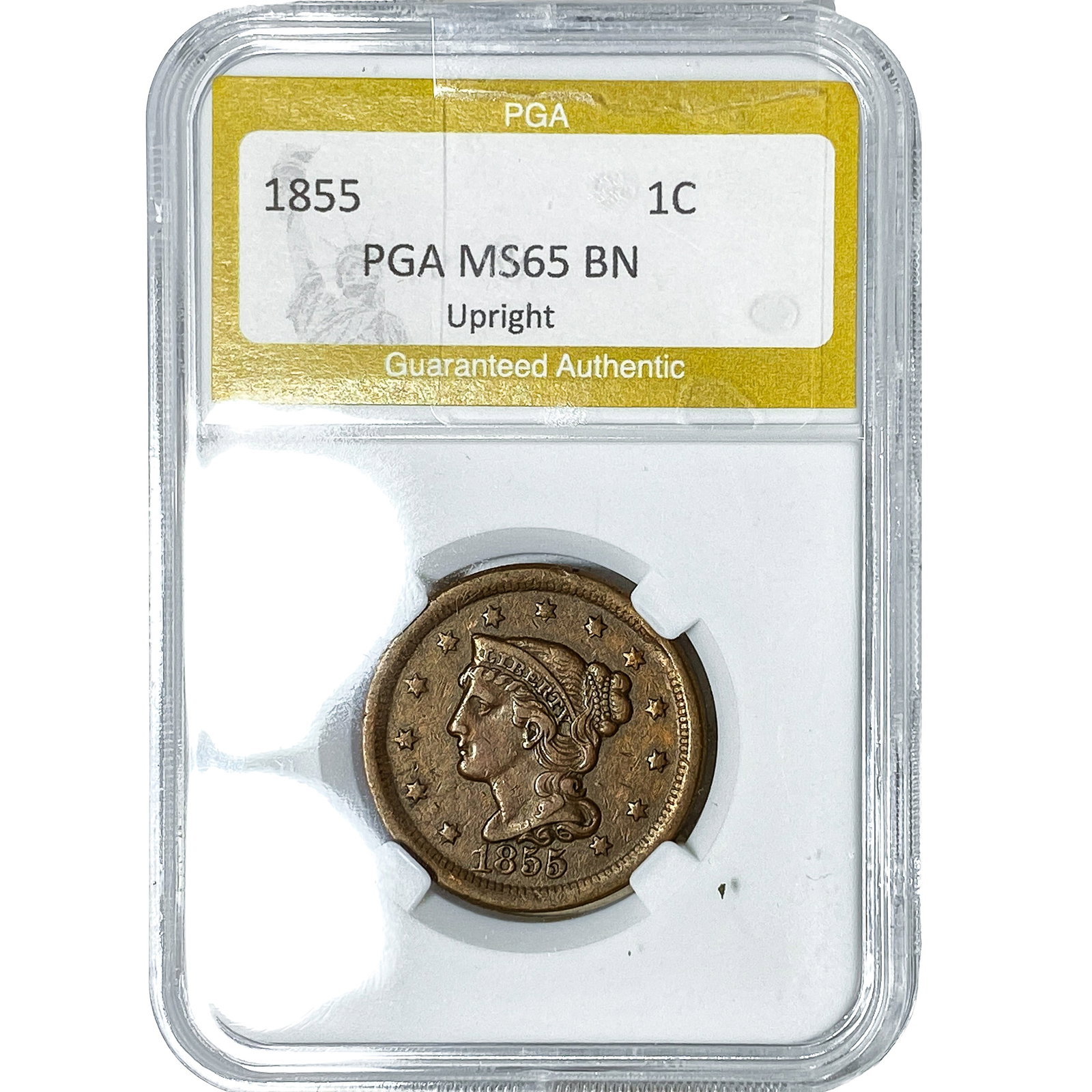 1855 Braided Hair Large Cent PGA MS65 BN Upright: 1855 Braided Hair Large Cent PGA MS65 BN Upright