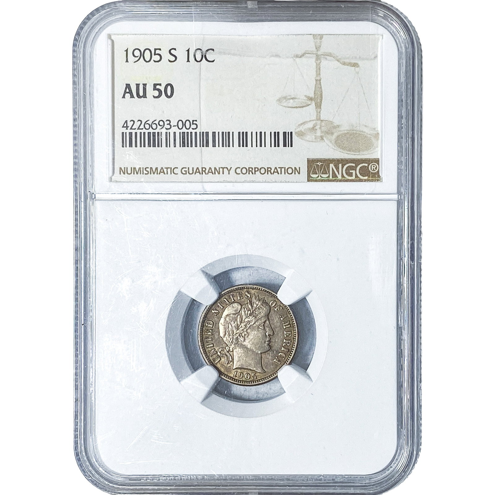 1905-S Barber Dime NGC AU50: 1905-S Barber Dime NGC AU50