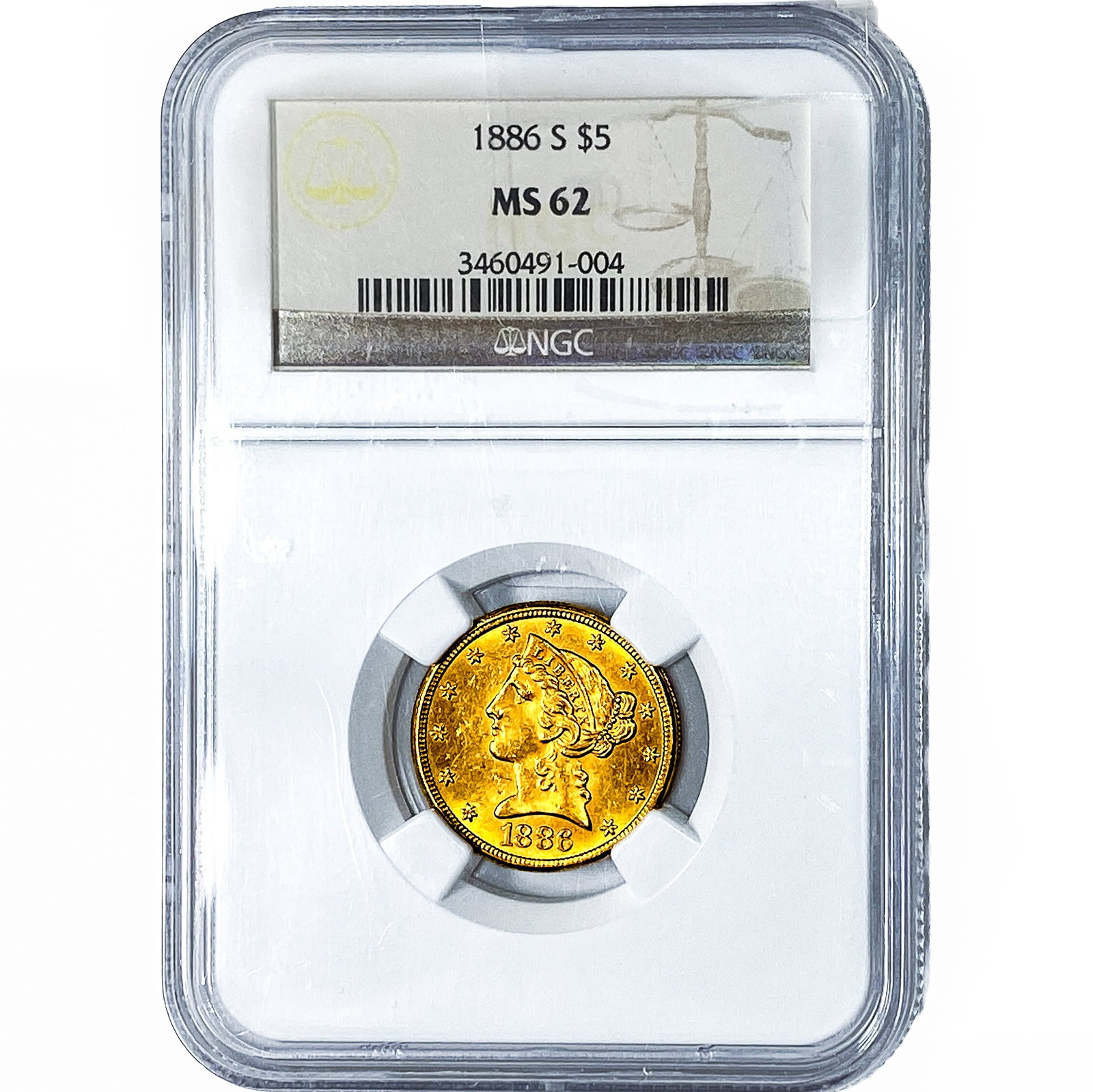 1886-S $5 Gold Half Eagle NGC MS62: 1886-S $5 Gold Half Eagle NGC MS62