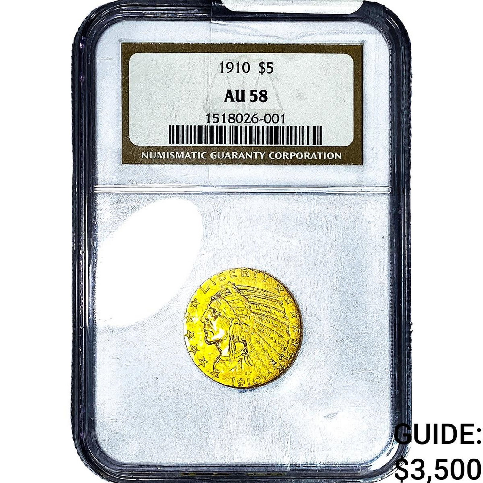 1910 $5 Gold Half Eagle NGC AU58: 1910 $5 Gold Half Eagle NGC AU58