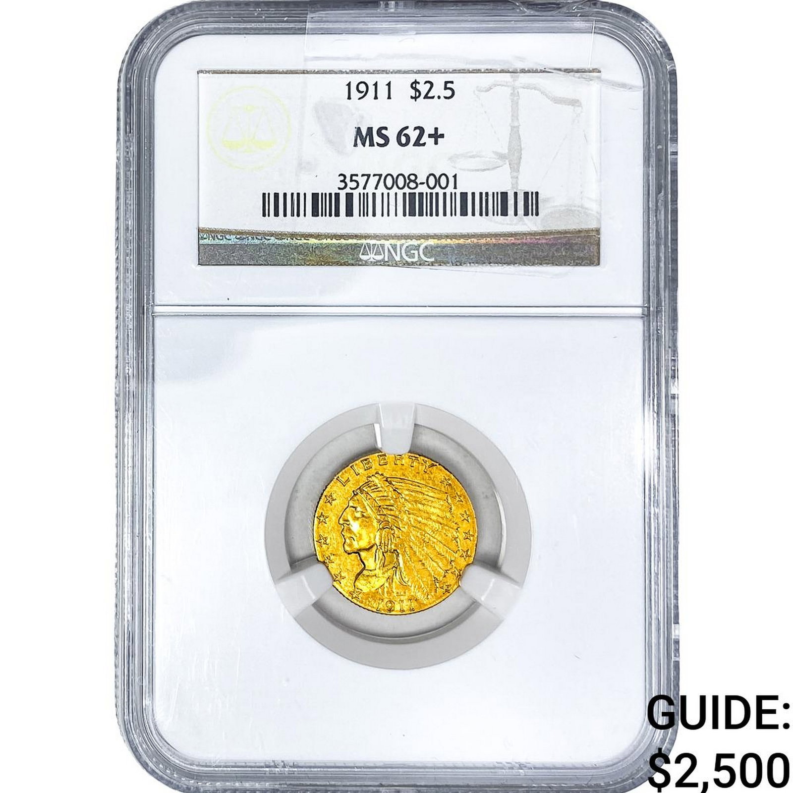 1911 $2.50 Gold Quarter Eagle NGC MS62+: 1911 $2.50 Gold Quarter Eagle NGC MS62+