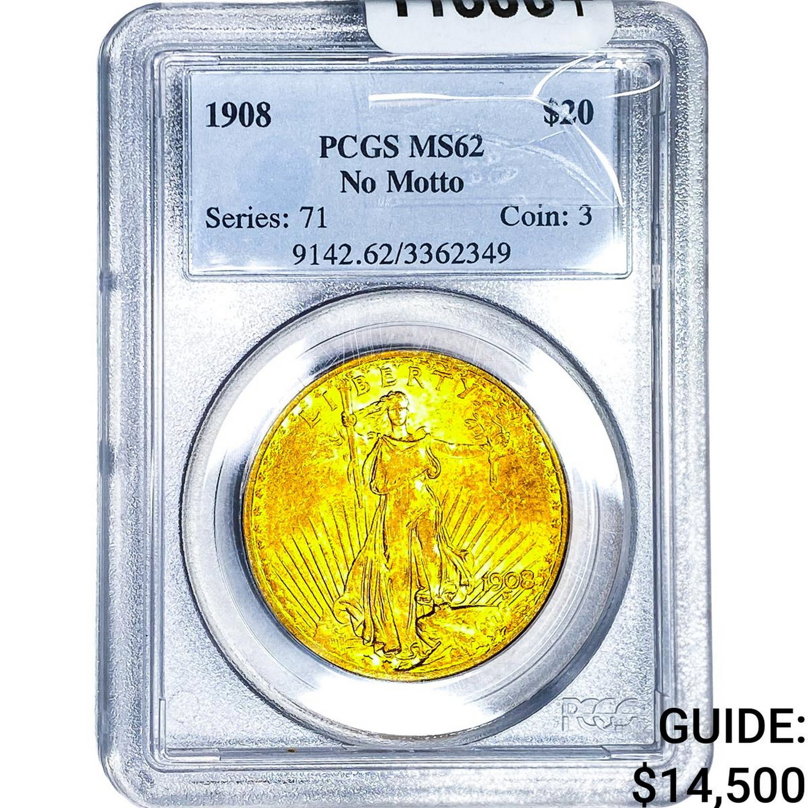 1908 $20 Gold Double Eagle PCGS MS62 No Motto: 1908 $20 Gold Double Eagle PCGS MS62 No Motto