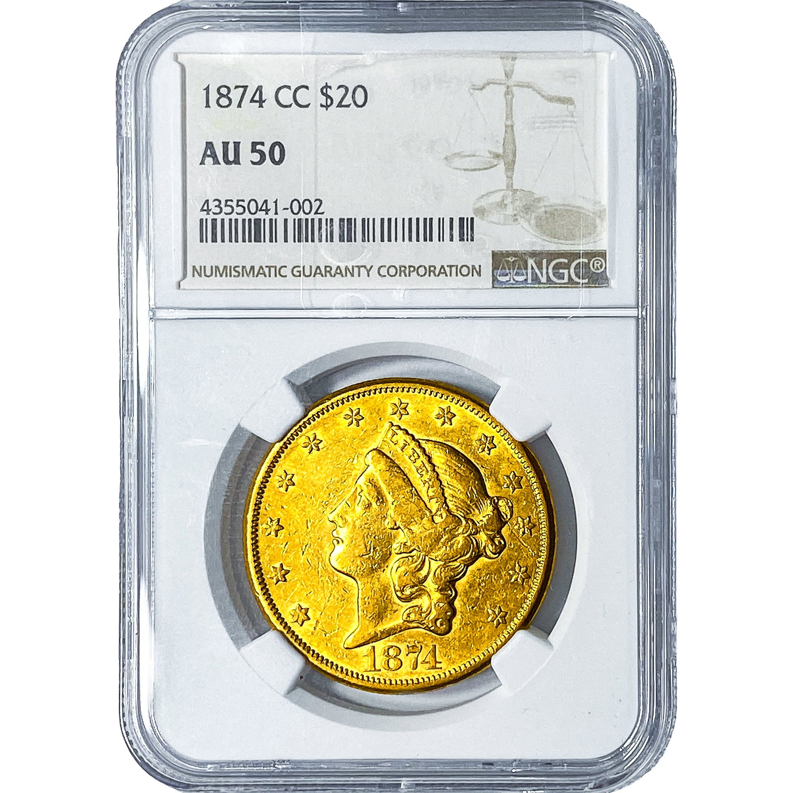 1874-CC $20 Gold Double Eagle NGC AU50: 1874-CC $20 Gold Double Eagle NGC AU50