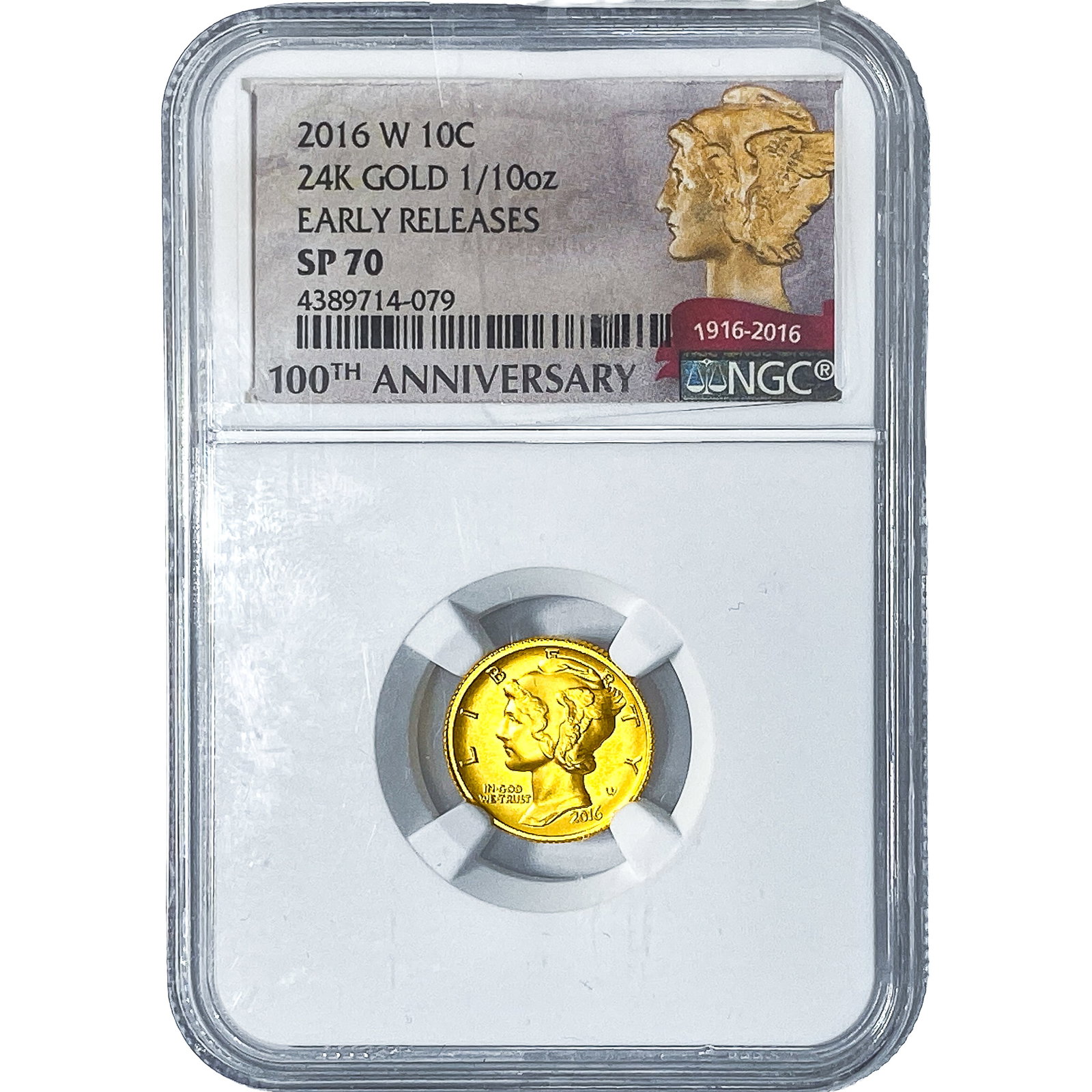 2016-W 10C 24k Gold 1/10oz Mercury Dime NGC SP70: 2016-W 10C 24k Gold 1/10oz Mercury Dime NGC SP70
