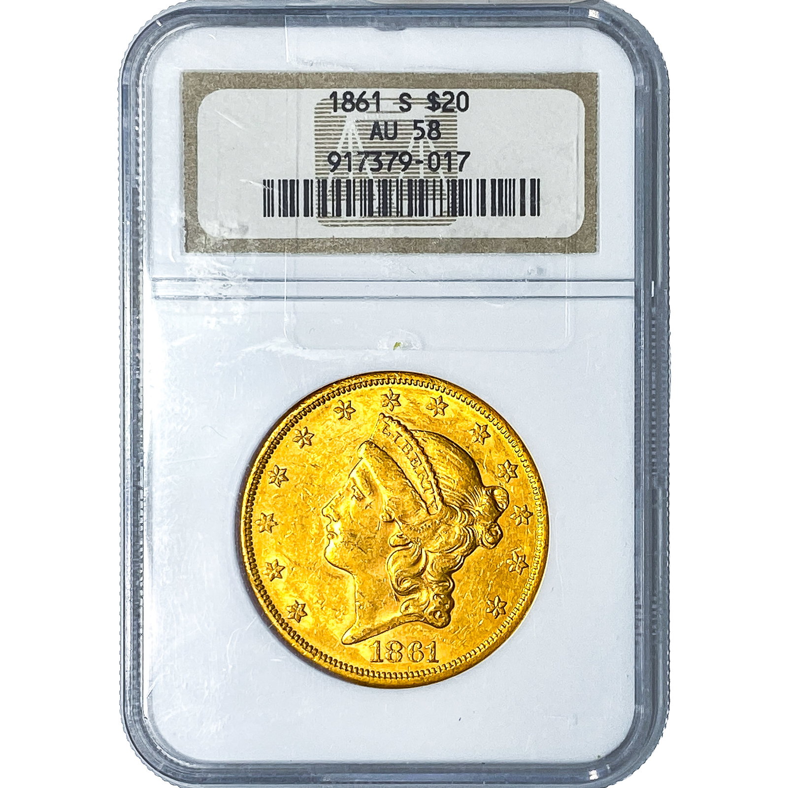 1861-S $20 Gold Double Eagle NGC AU58: 1861-S $20 Gold Double Eagle NGC AU58