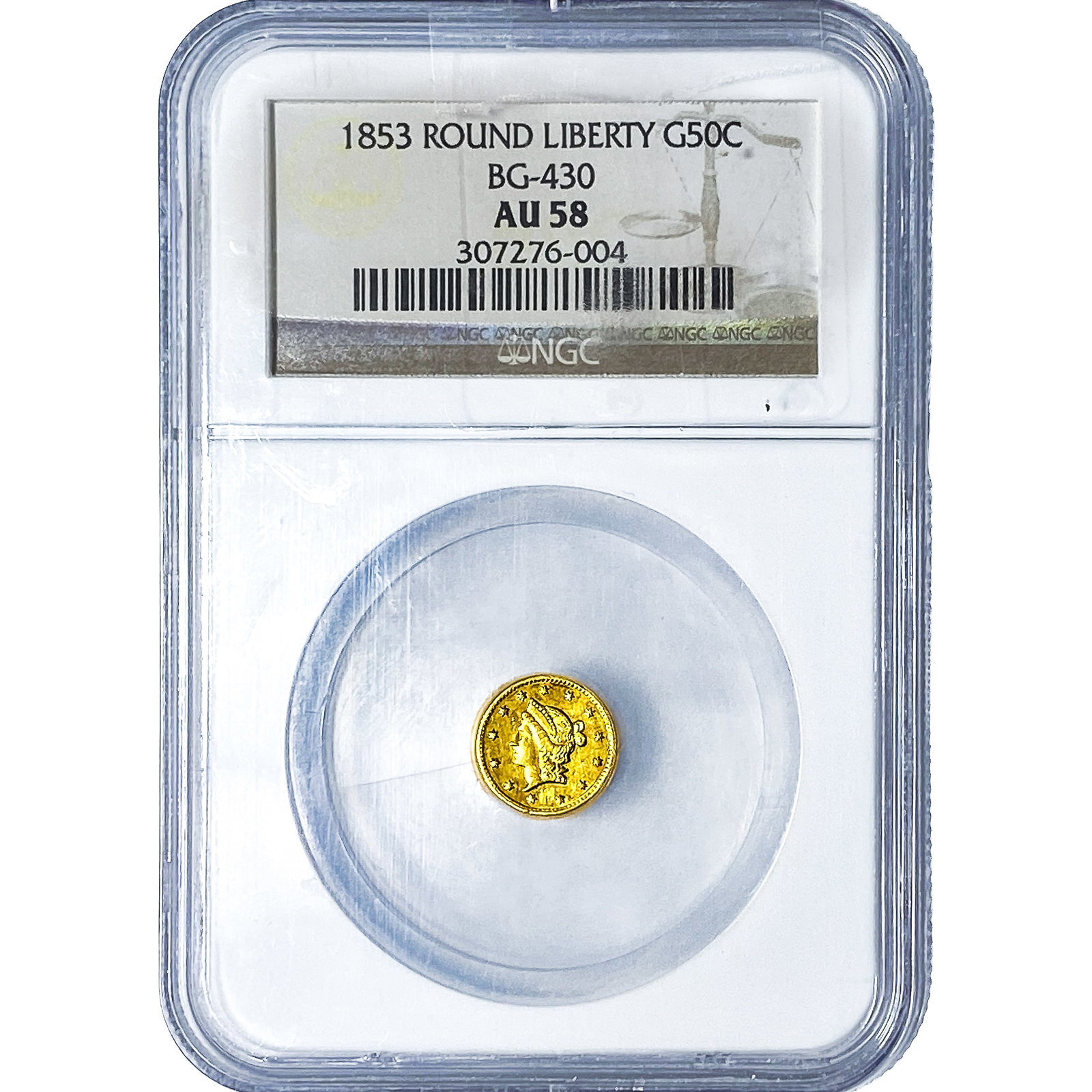 1853 Gold 50C Round Liberty NGC AU58: 1853 Gold 50C Round Liberty NGC AU58
