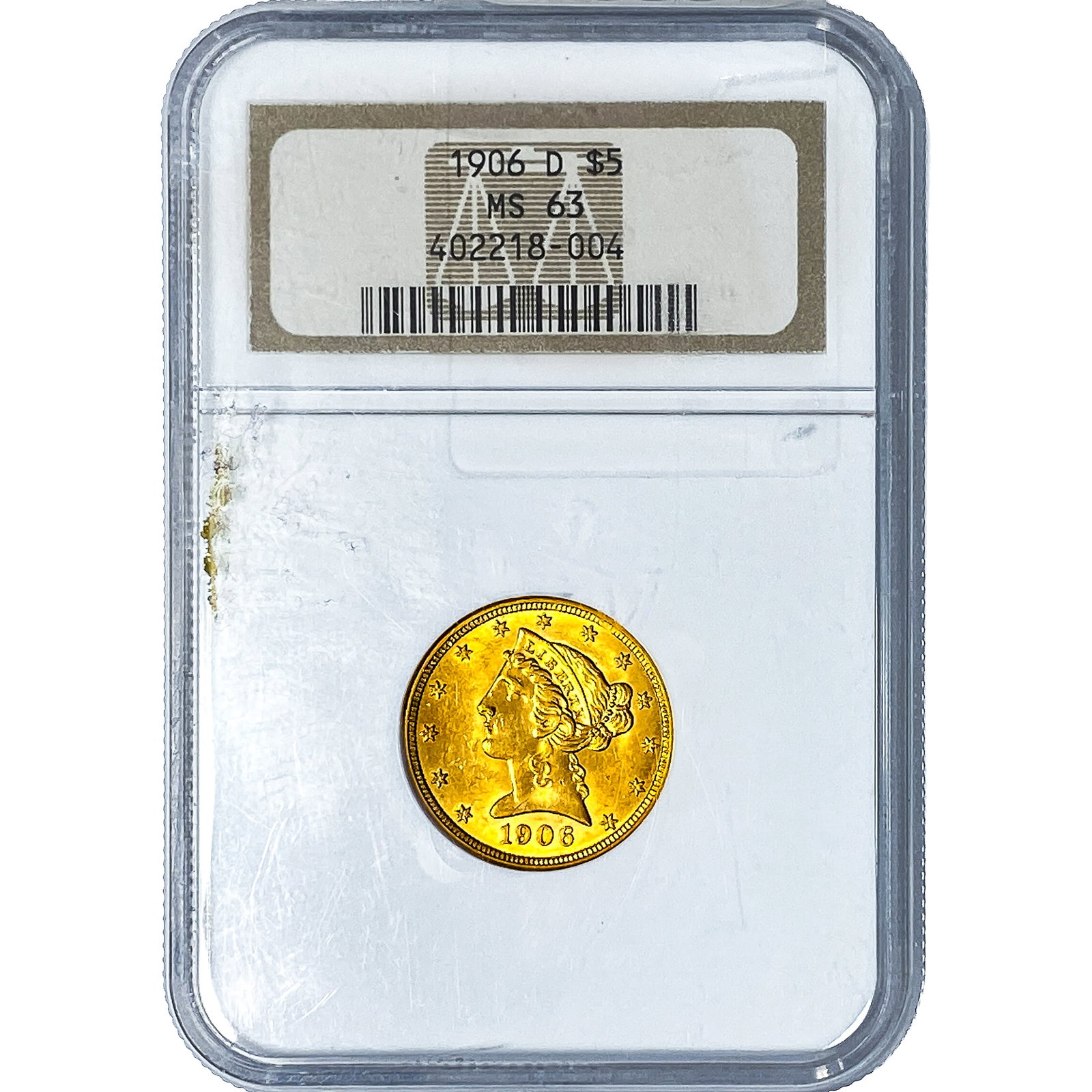 1906-D $5 Gold Half Eagle NGC MS63: 1906-D $5 Gold Half Eagle NGC MS63