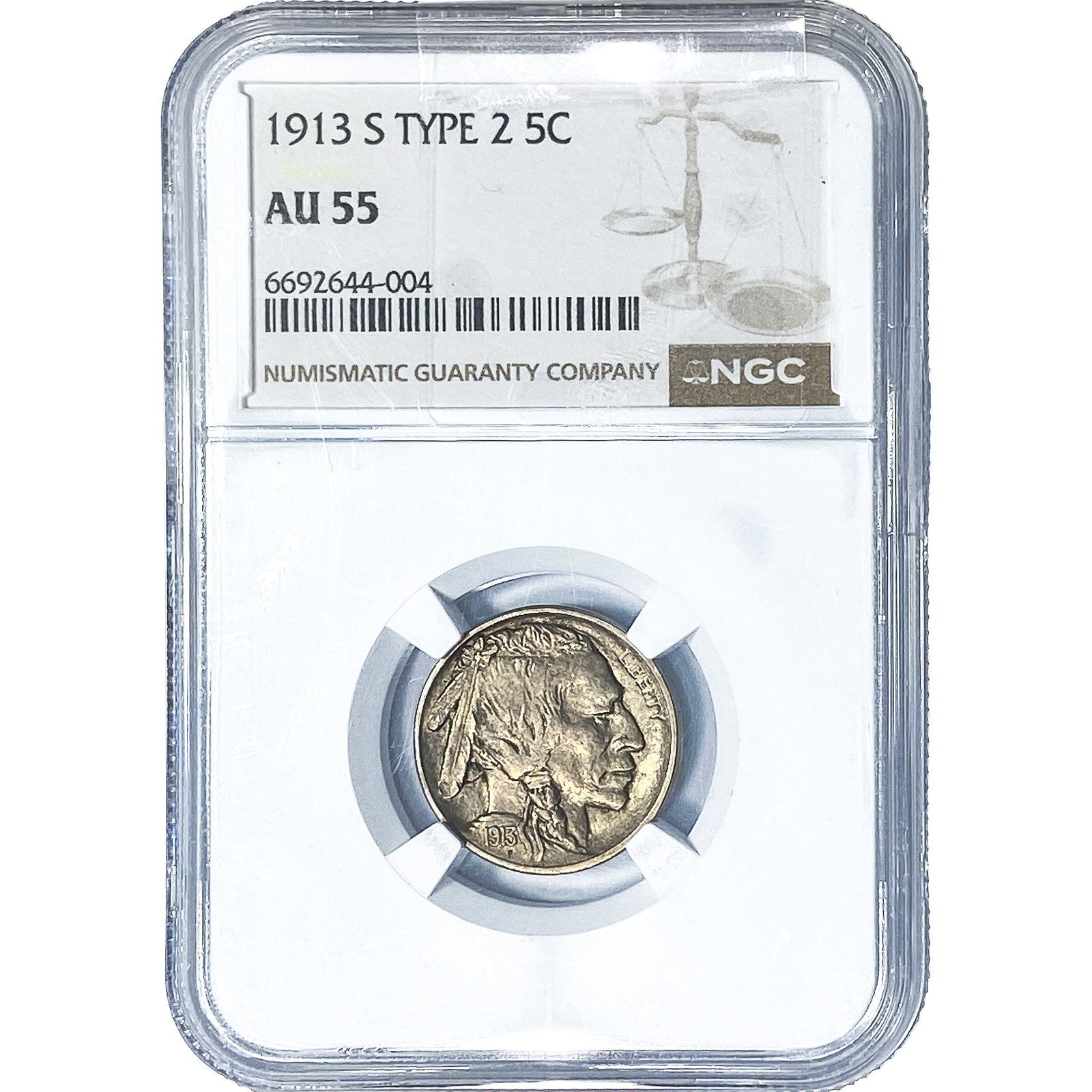 1913-S Buffalo Nickel NGC AU55 Type 2: 1913-S Buffalo Nickel NGC AU55 Type 2