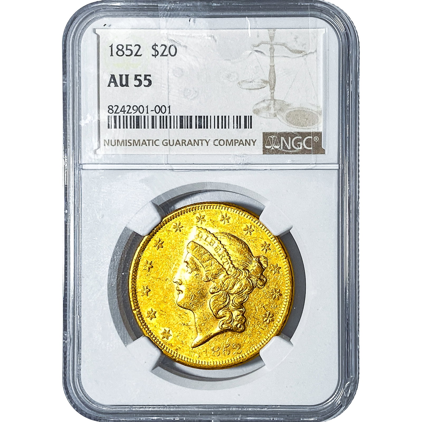 1852 $20 Gold Double Eagle NGC AU55: 1852 $20 Gold Double Eagle NGC AU55
