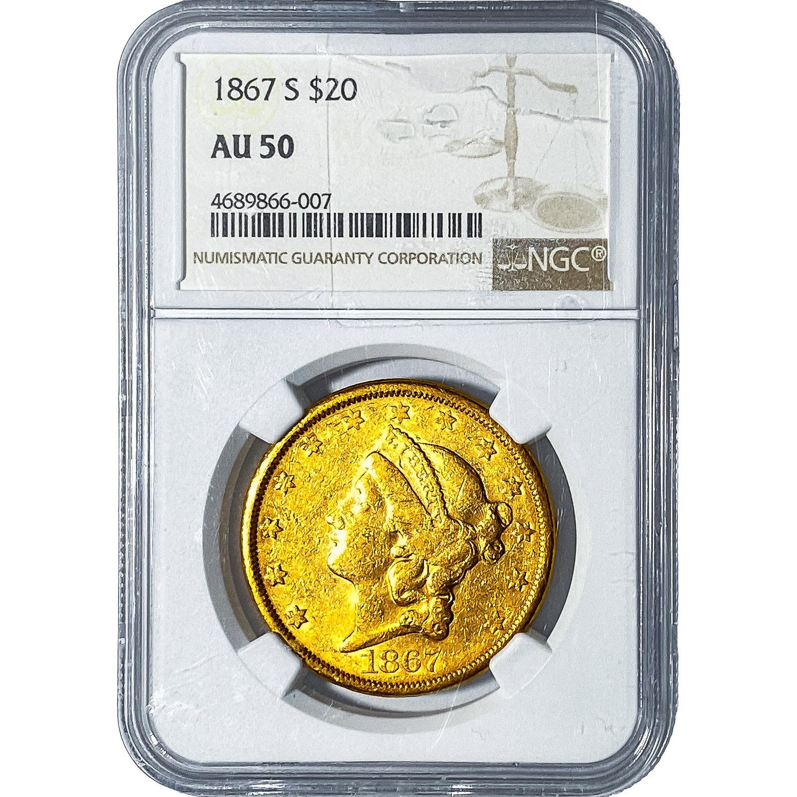 1867-S $20 Gold Double Eagle NGC AU50: 1867-S $20 Gold Double Eagle NGC AU50