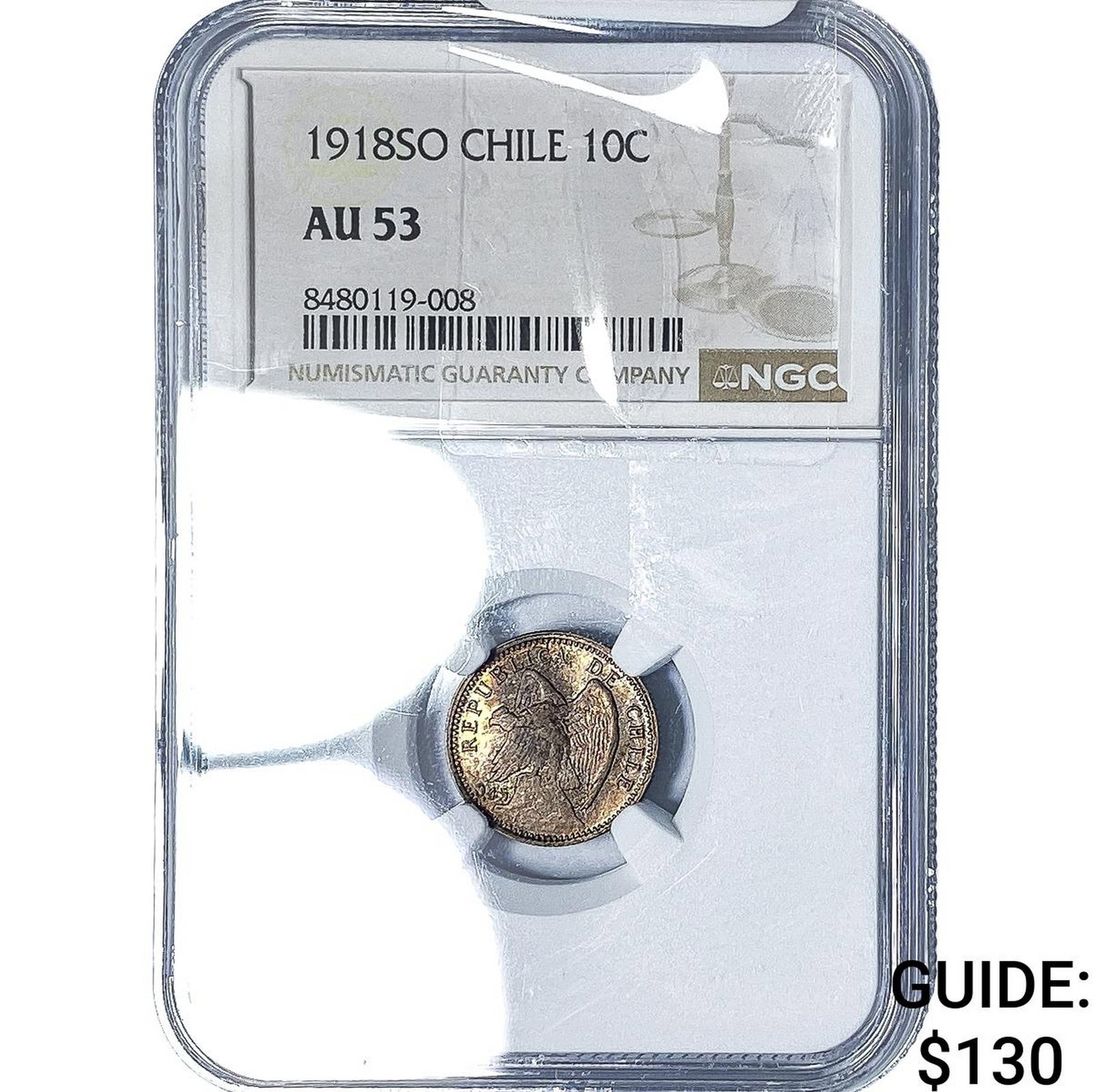 1918-SO Chile Silver 10 Centavos NGC AU53: 1918-SO Chile Silver 10 Centavos NGC AU53