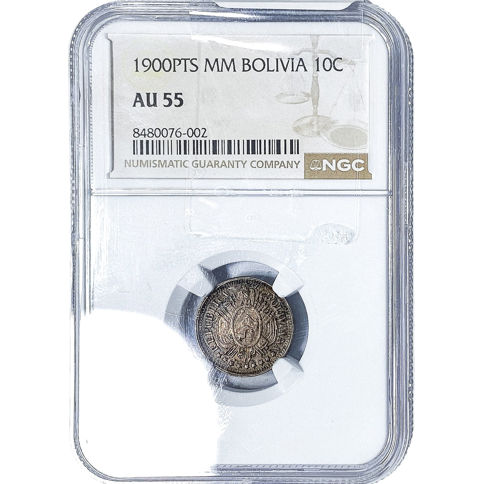 1900-PTS Bolivia Silver 10 Cento NGC AU55 (1 of 2)