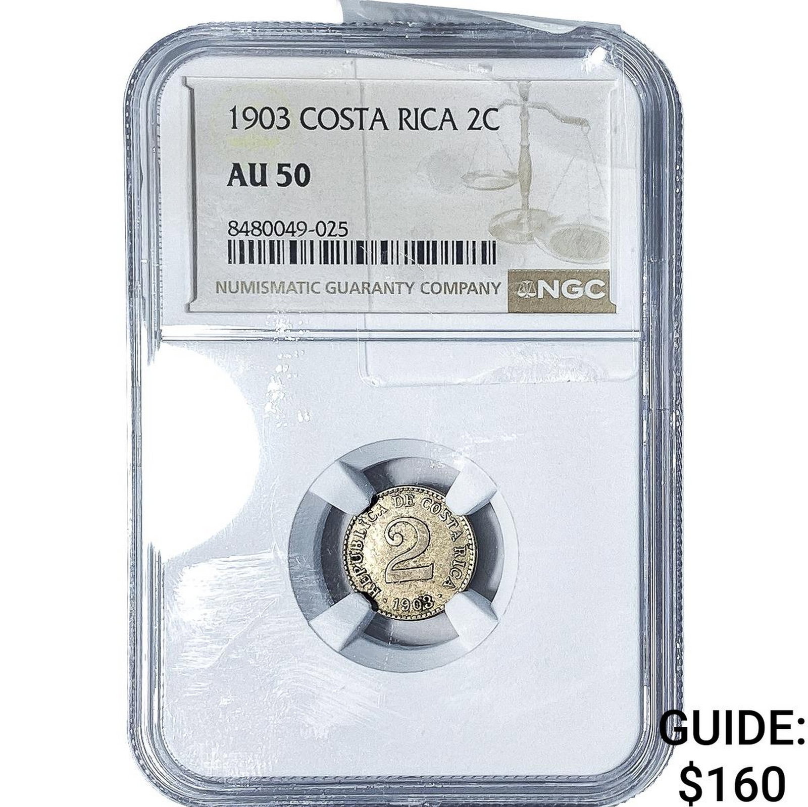 1903 Costa Rica Silver 2 Centimos NGC AU50: 1903 Costa Rica Silver 2 Centimos NGC AU50