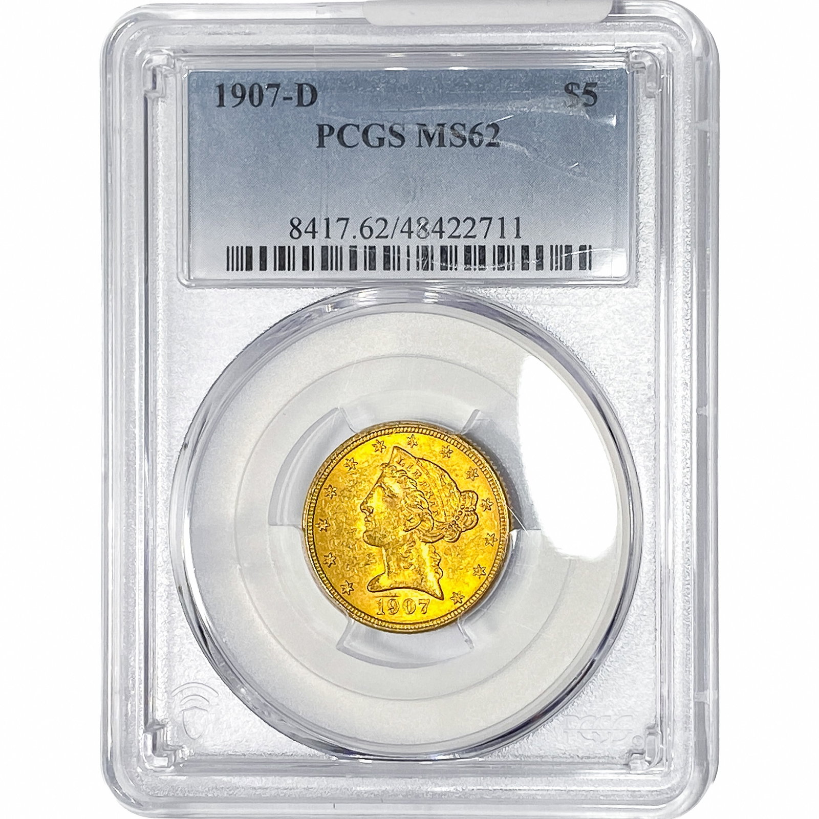1907-D $5 Gold Half Eagle PCGS MS62: 1907-D $5 Gold Half Eagle PCGS MS62