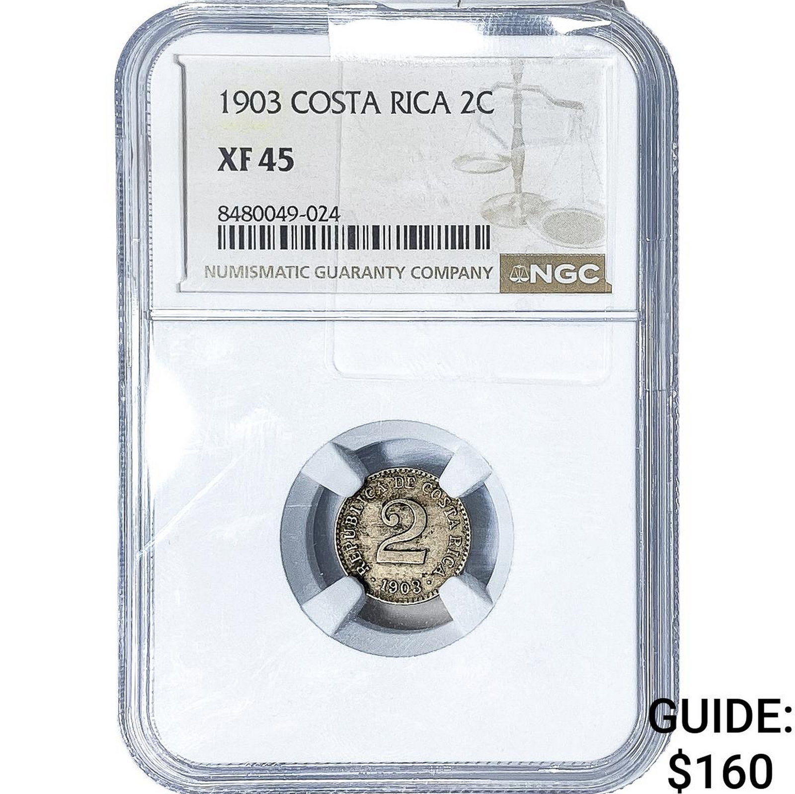 1903 Costa Rica Silver 2 Centimos NGC XF45: 1903 Costa Rica Silver 2 Centimos NGC XF45