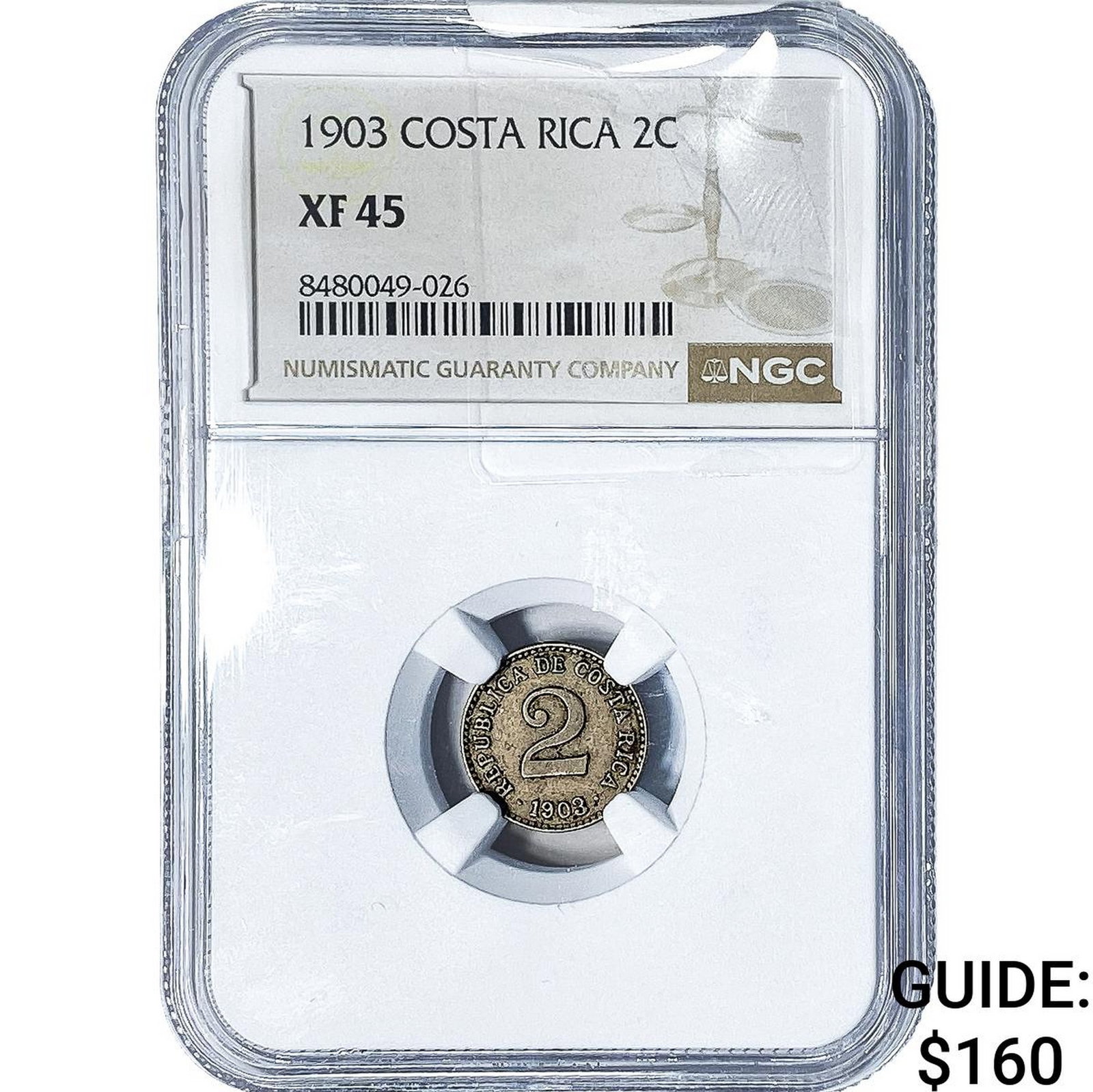 1903 Costa Rica Silver 2 Centimos NGC XF45: 1903 Costa Rica Silver 2 Centimos NGC XF45