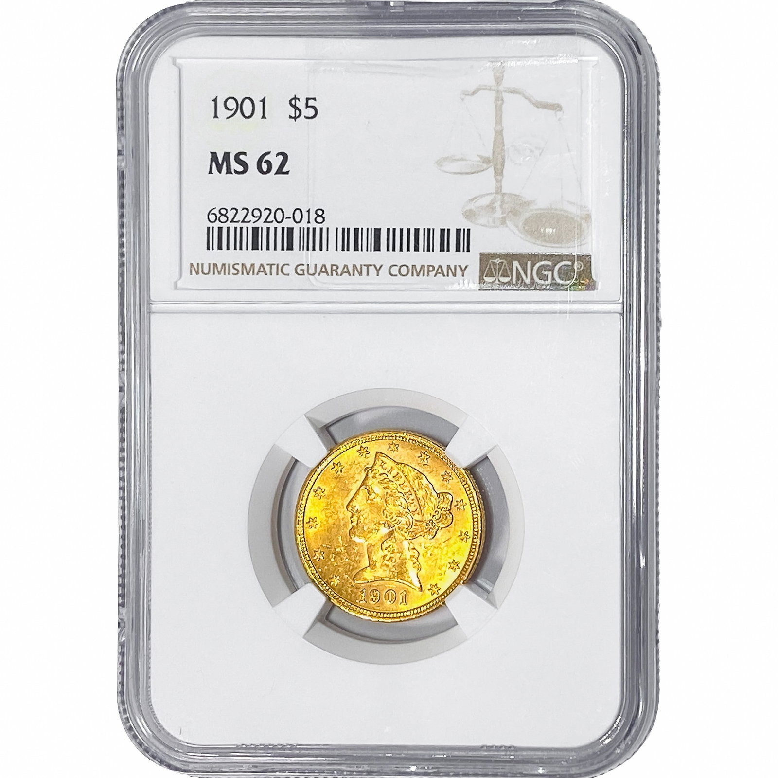 1901 $5 Gold Half Eagle NGC MS62: 1901 $5 Gold Half Eagle NGC MS62
