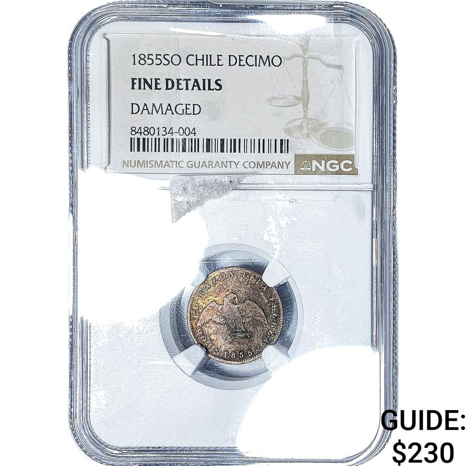 1855-SO Chile Silver Decimo NGC F Details: 1855-SO Chile Silver Decimo NGC F Details