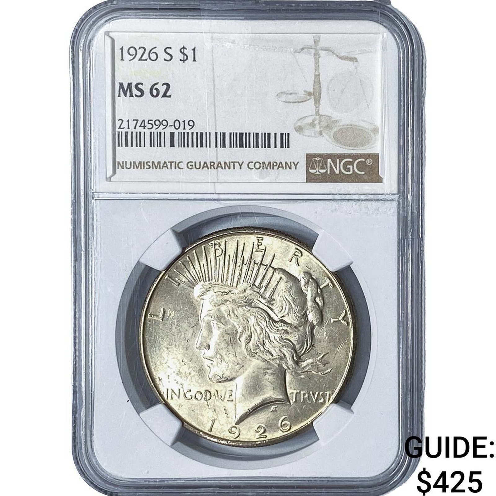1926-S Silver Peace Dollar NGC MS62: 1926-S Silver Peace Dollar NGC MS62