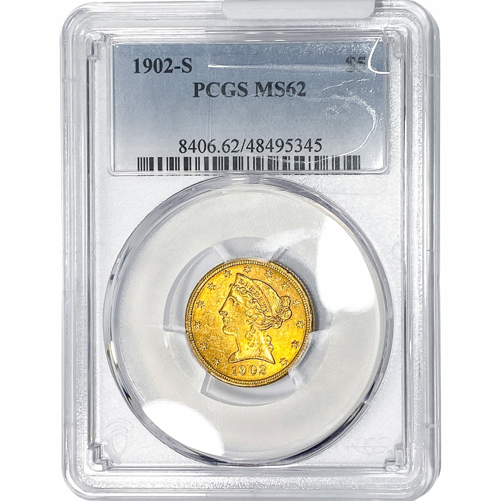 1902-S $5 Gold Half Eagle PCGS MS62: 1902-S $5 Gold Half Eagle PCGS MS62